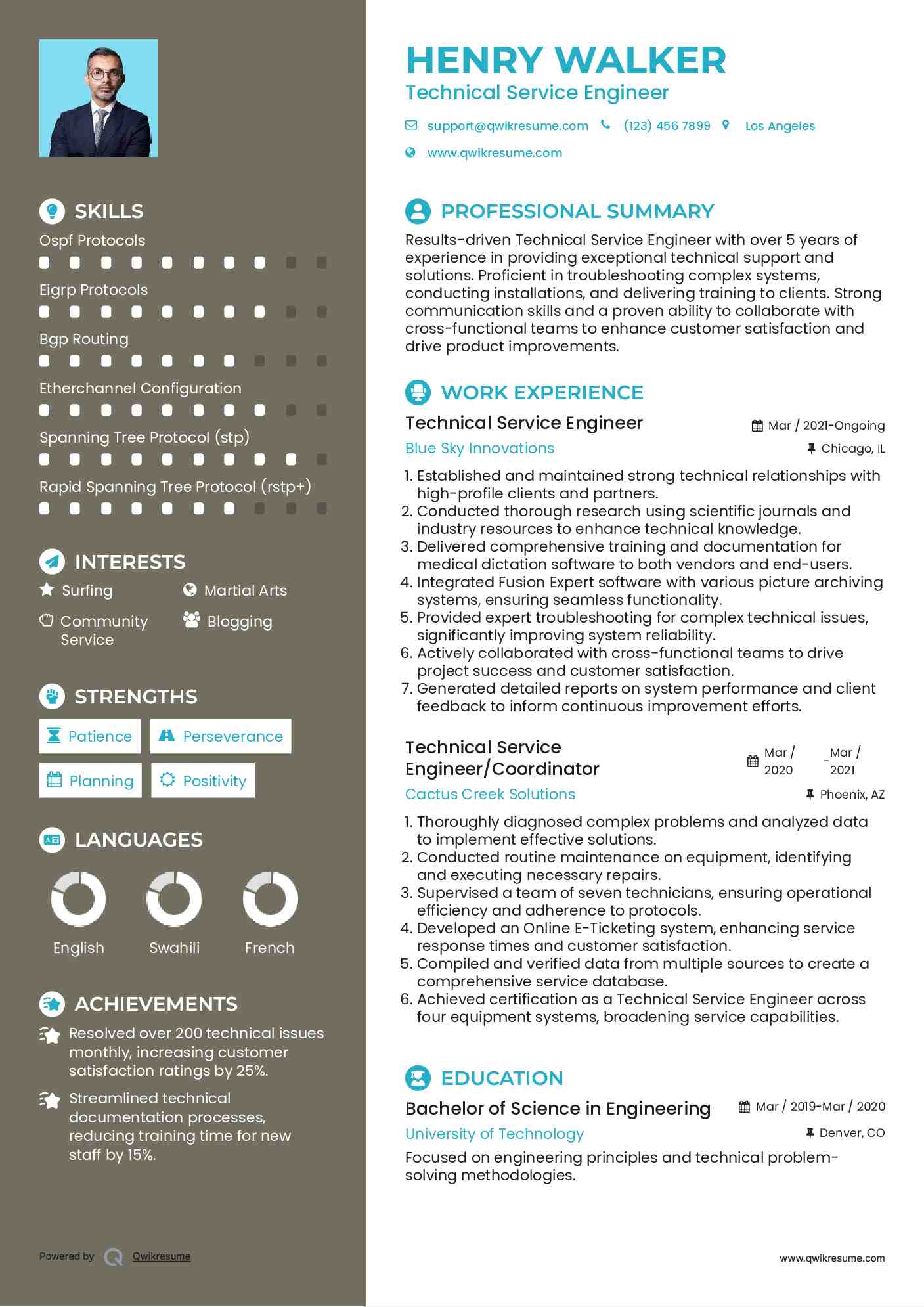 Technical Service Engineer Resume Example