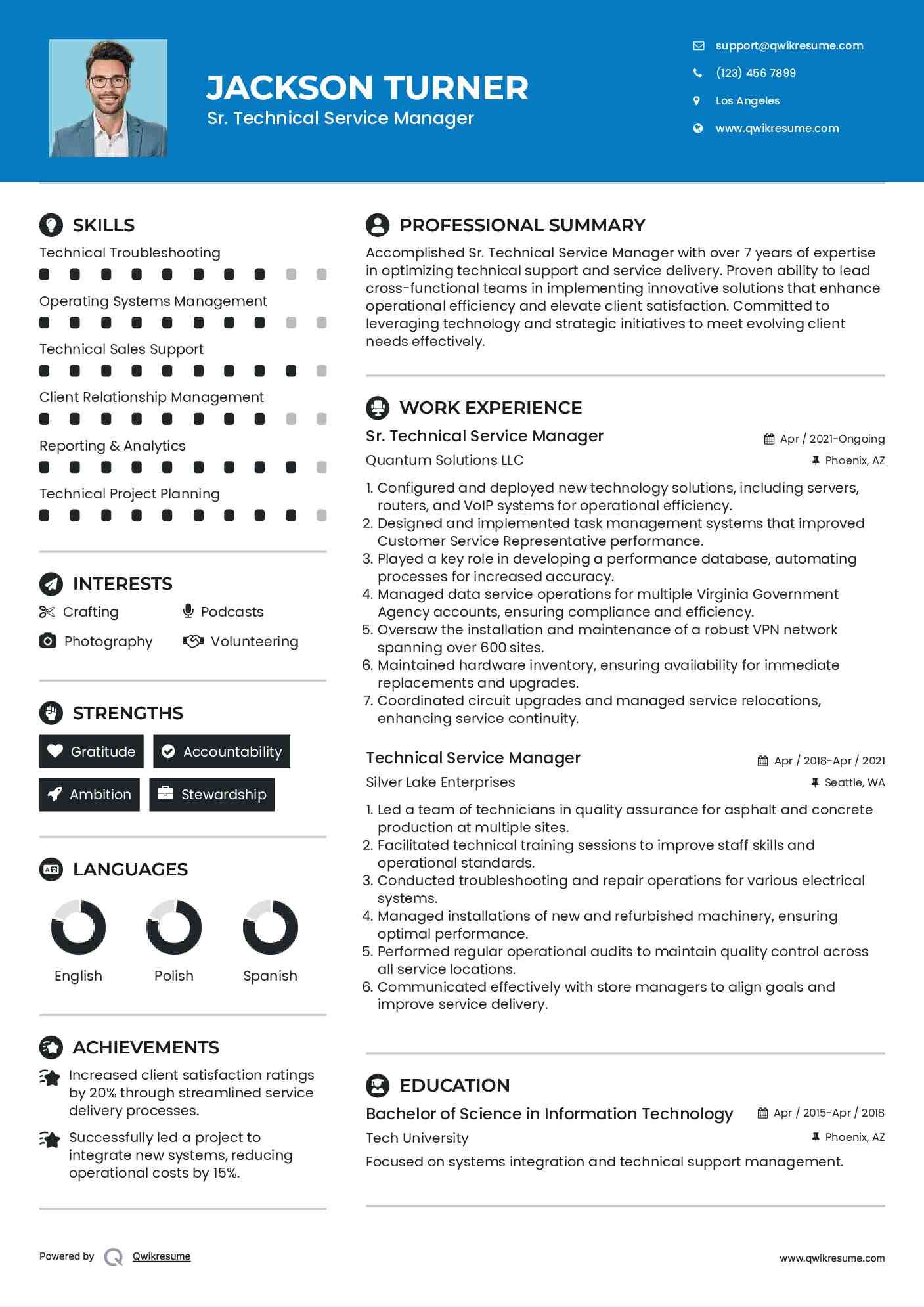 Sr. Technical Service Manager Resume Format