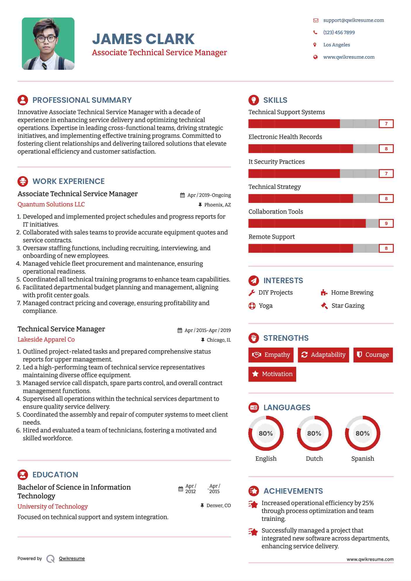 Associate Technical Service Manager Resume Model