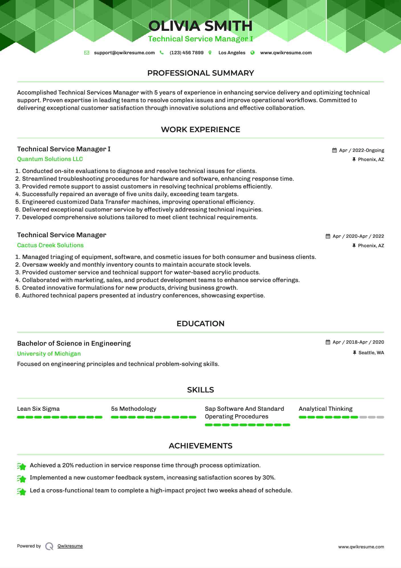 Technical Service Manager I Resume Template
