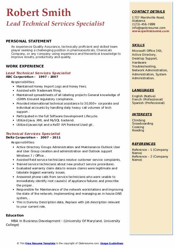 Technical Services Specialist Resume Samples QwikResume