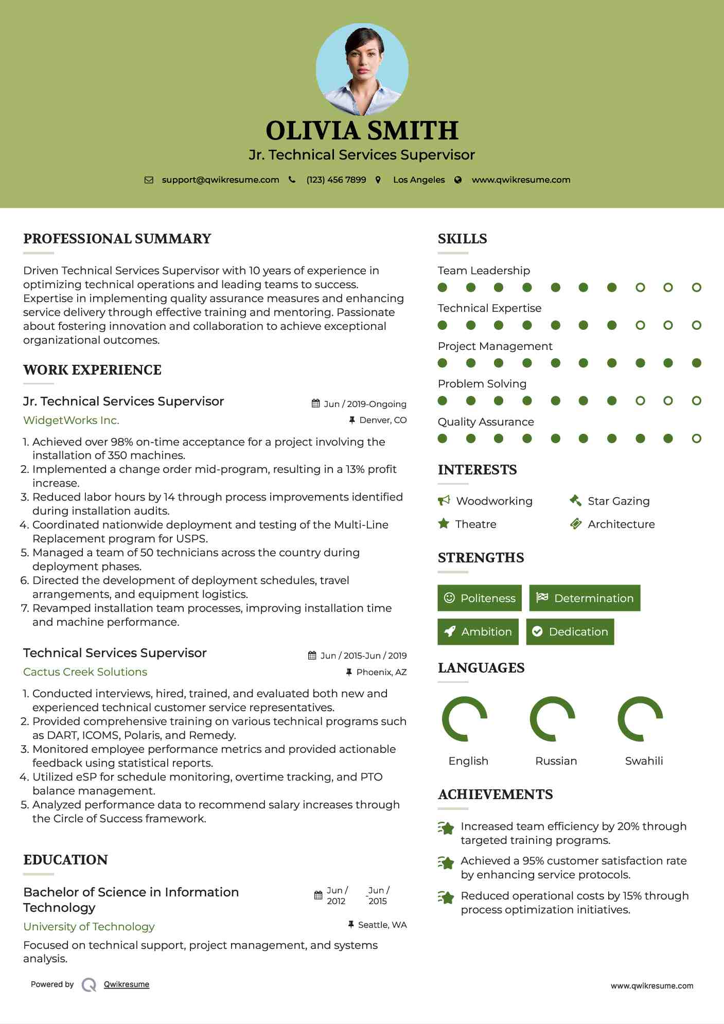 Jr. Technical Services Supervisor Resume Example
