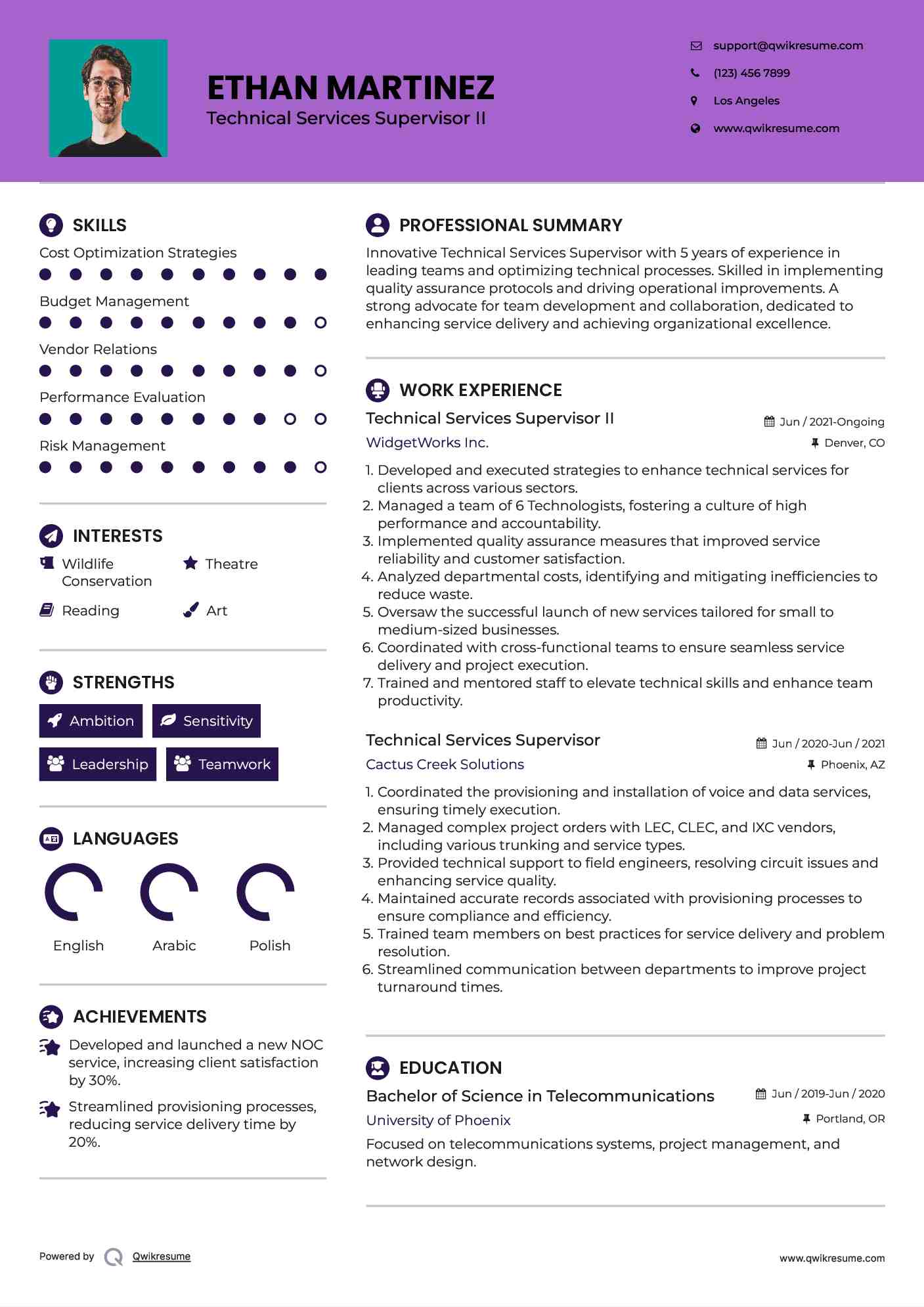 Technical Services Supervisor II Resume Model