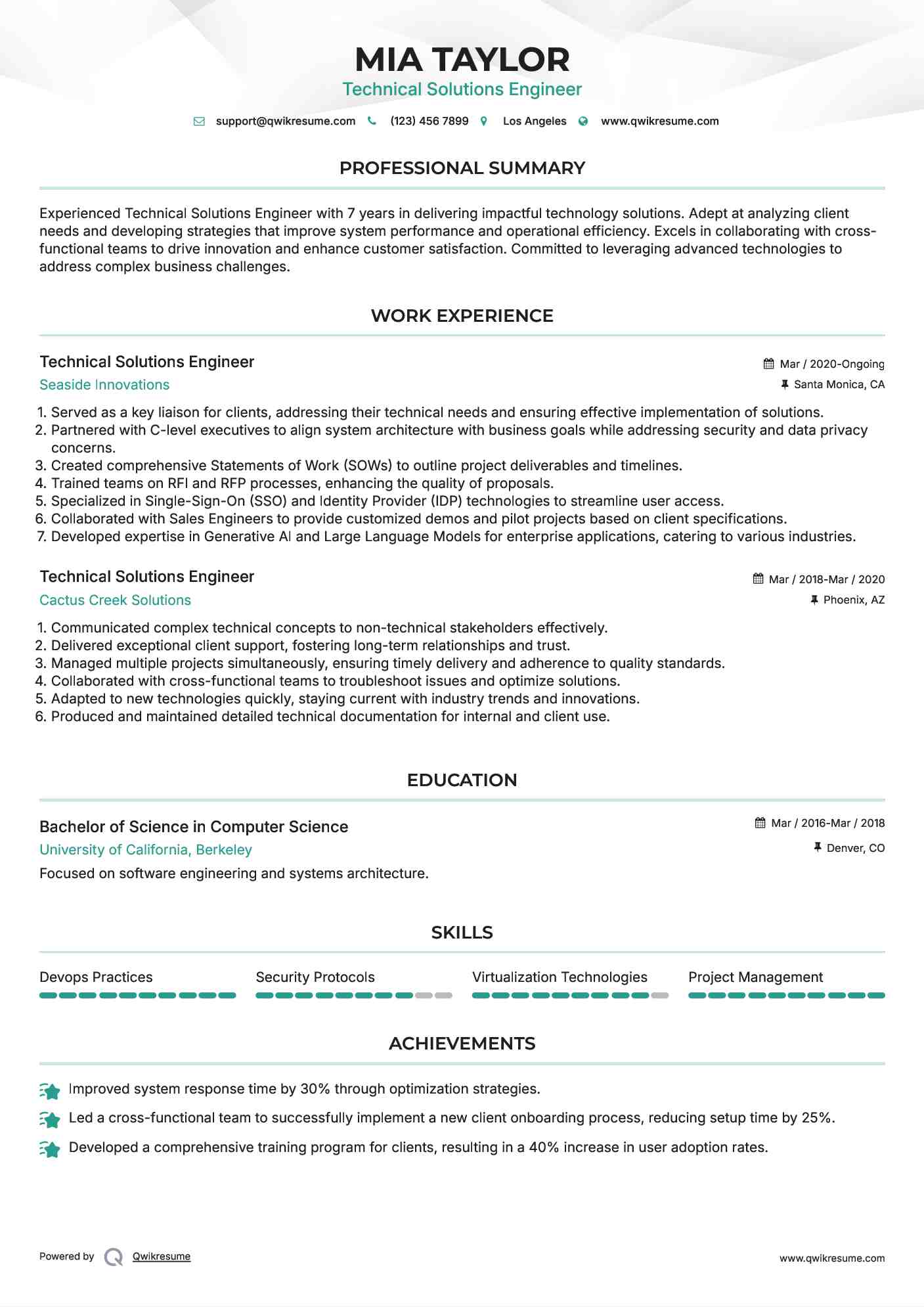 Technical Solutions Engineer Resume Template