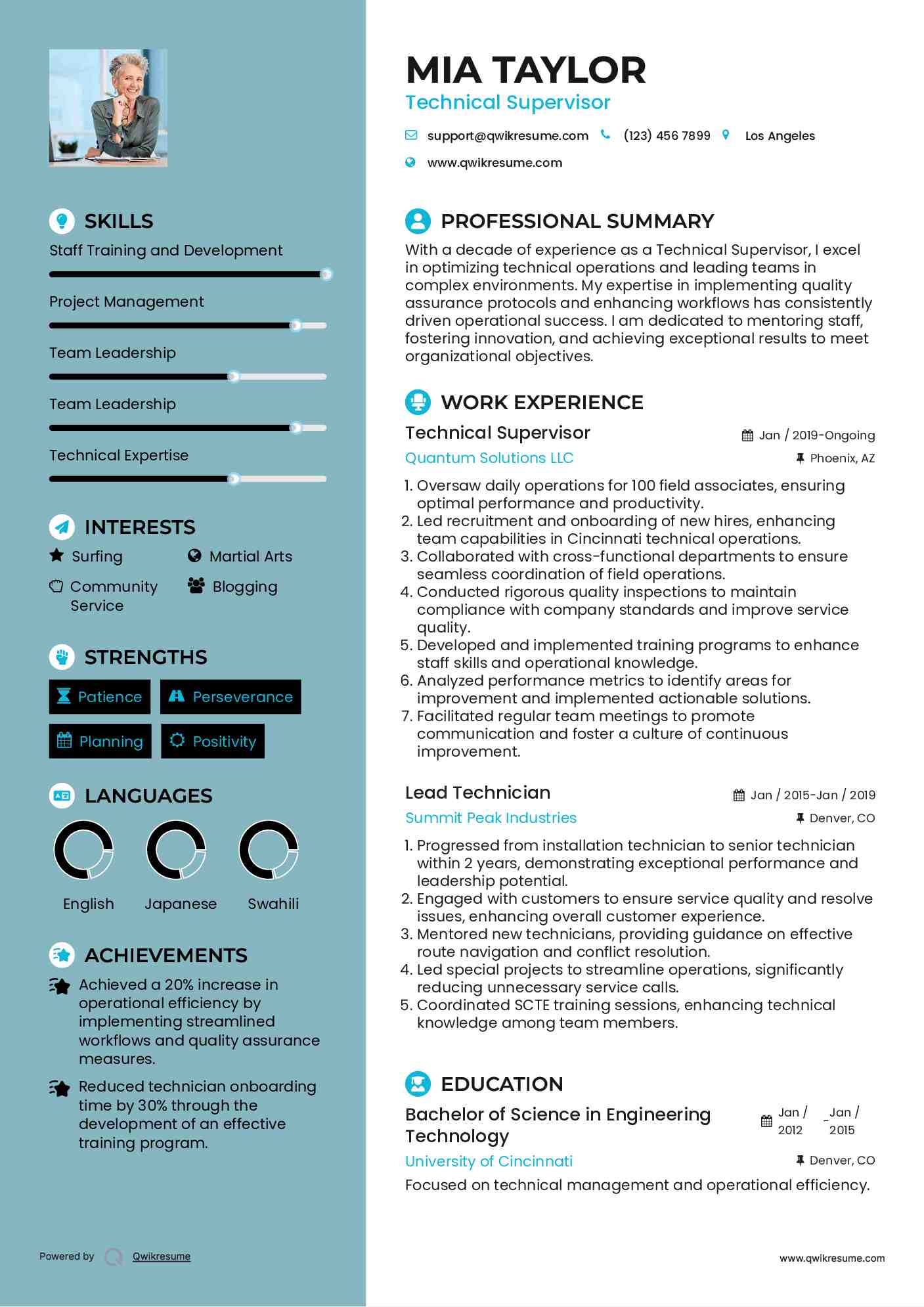Technical Supervisor Resume Sample