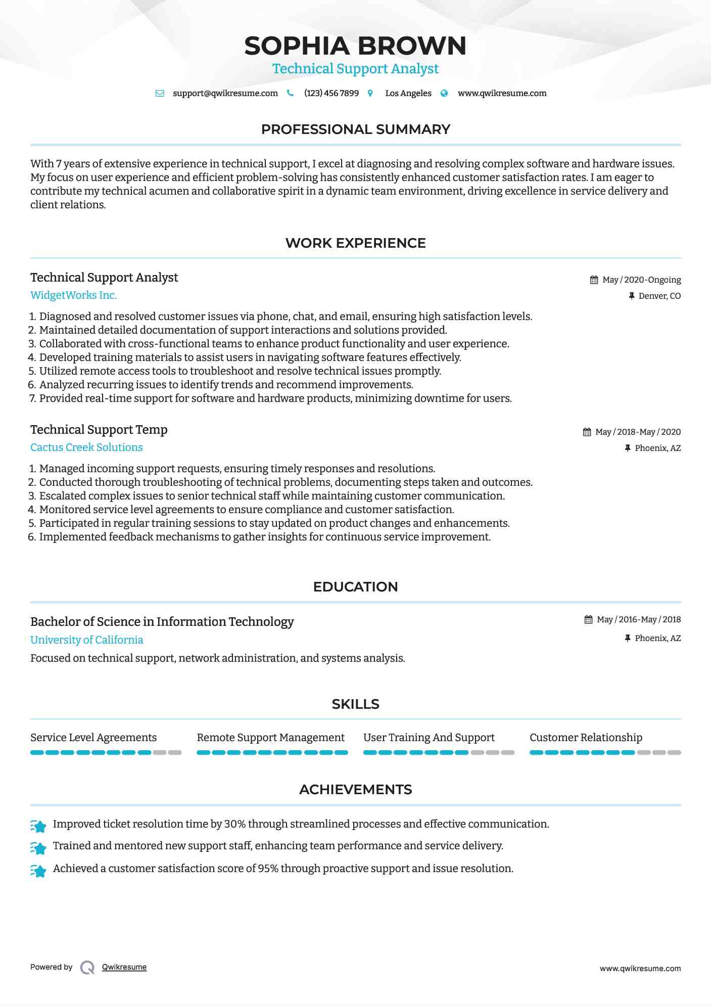 Technical Support Analyst Resume Sample