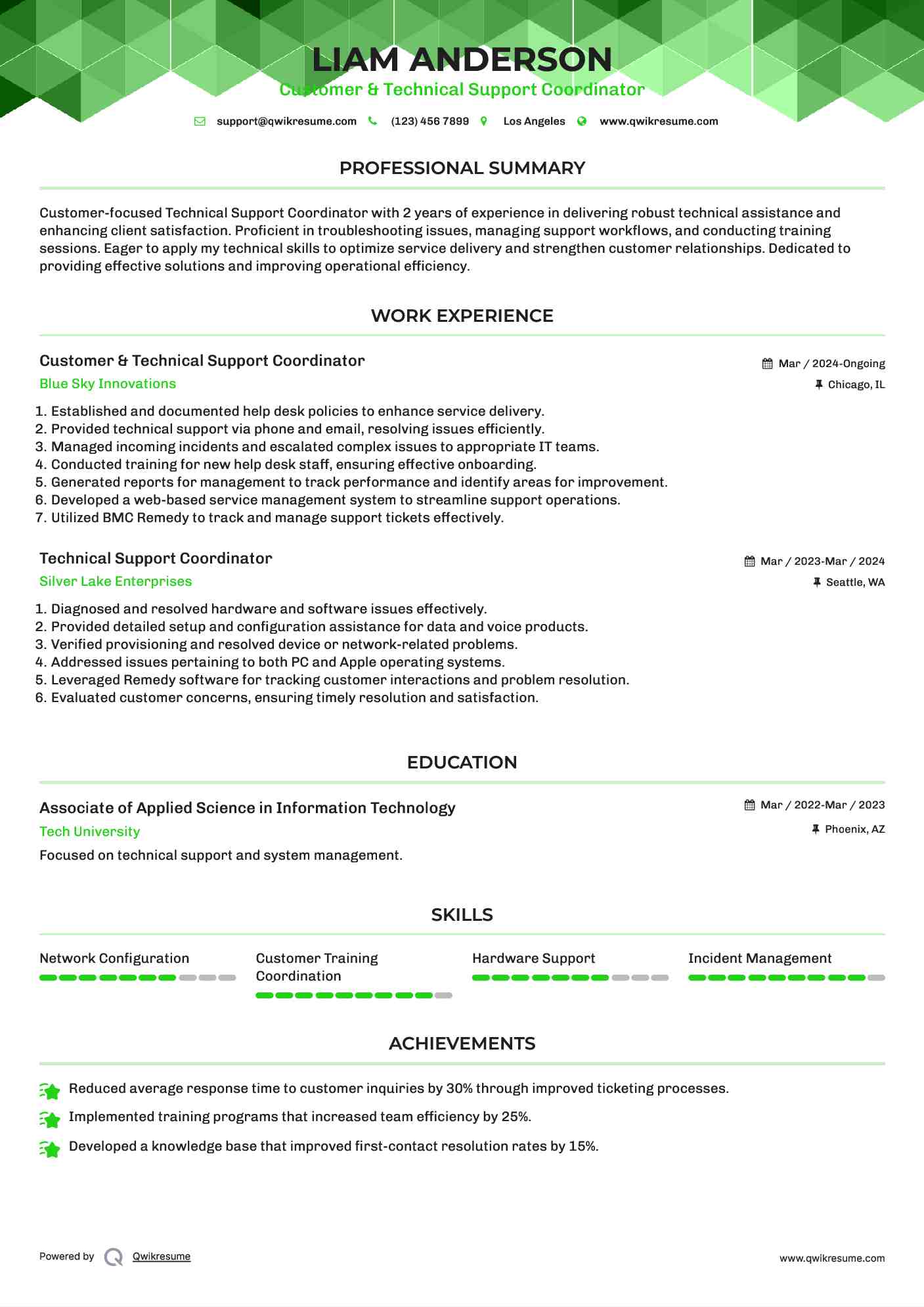 Customer & Technical Support Coordinator
 Resume Sample