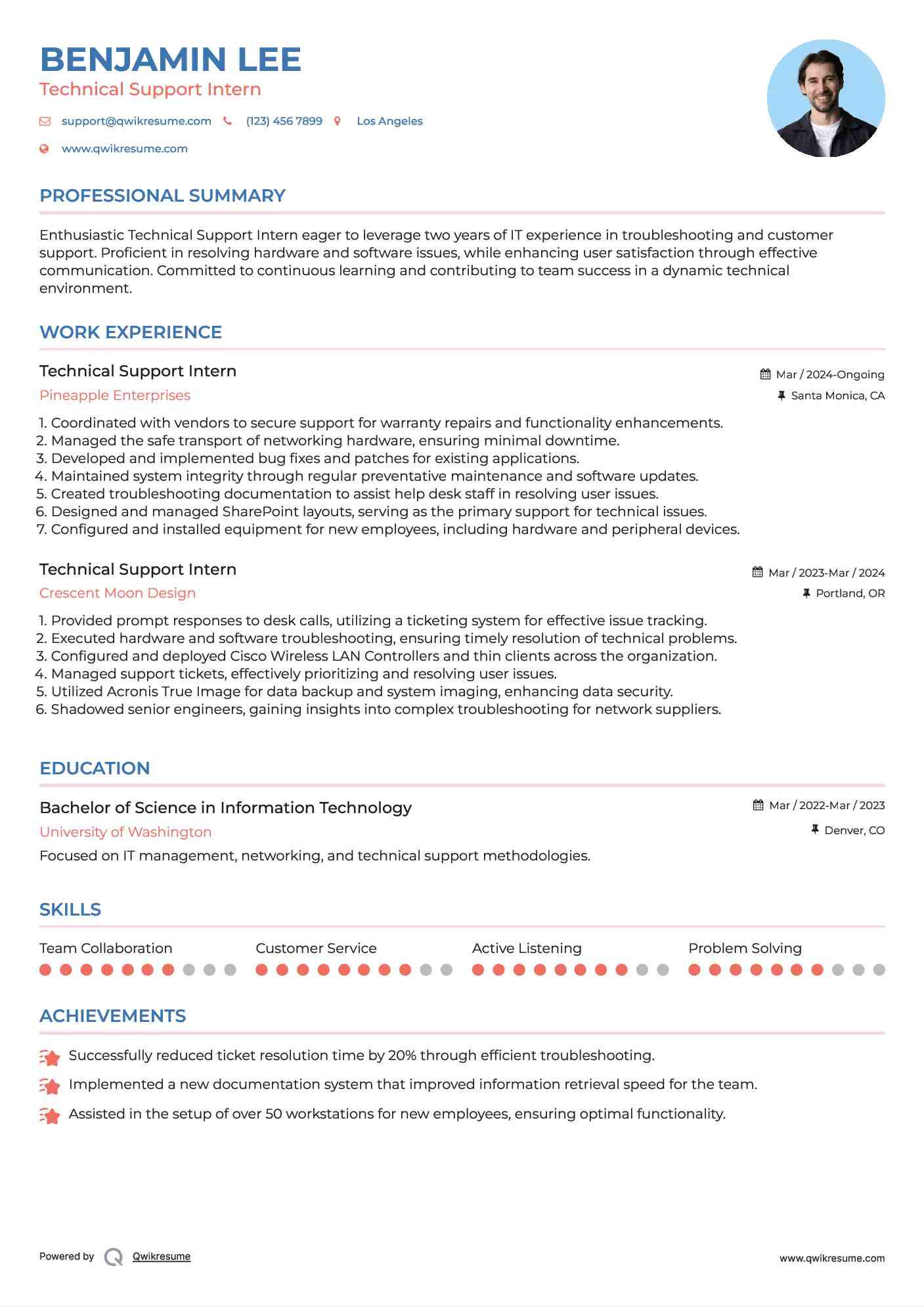 Technical Support Intern Resume Format