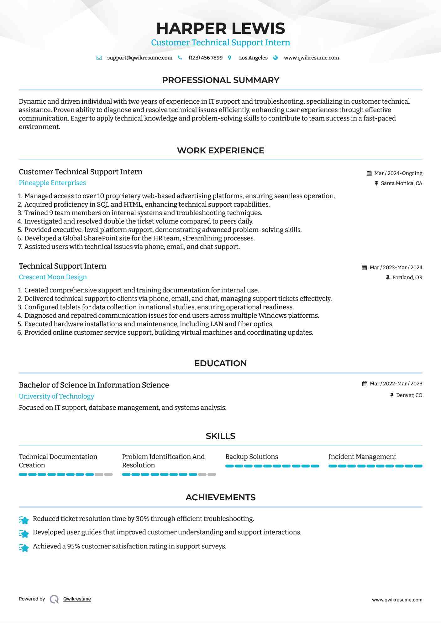Customer Technical Support Intern Resume Example