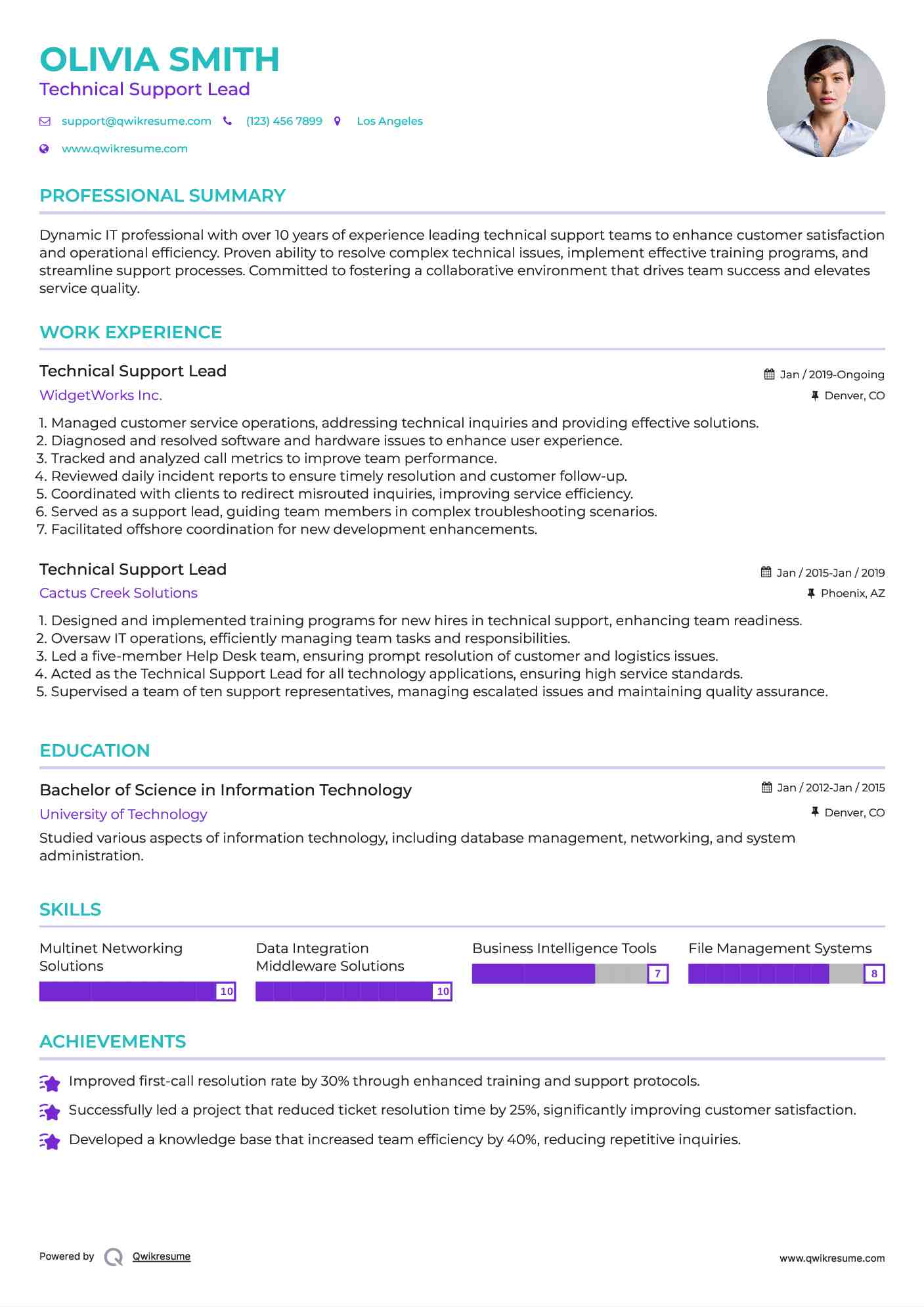 Technical Support Lead Resume Sample