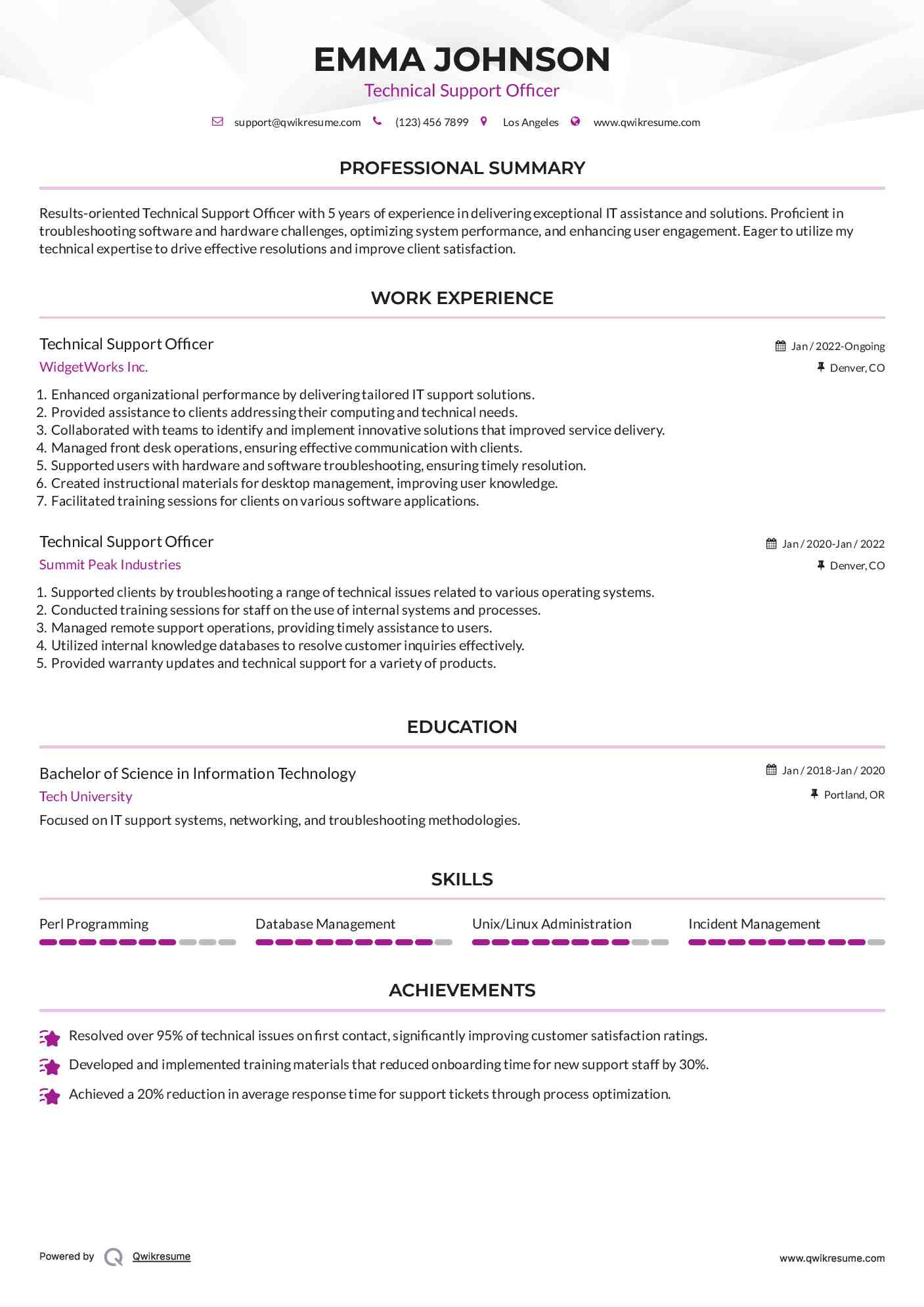 Technical Support Officer Resume Sample