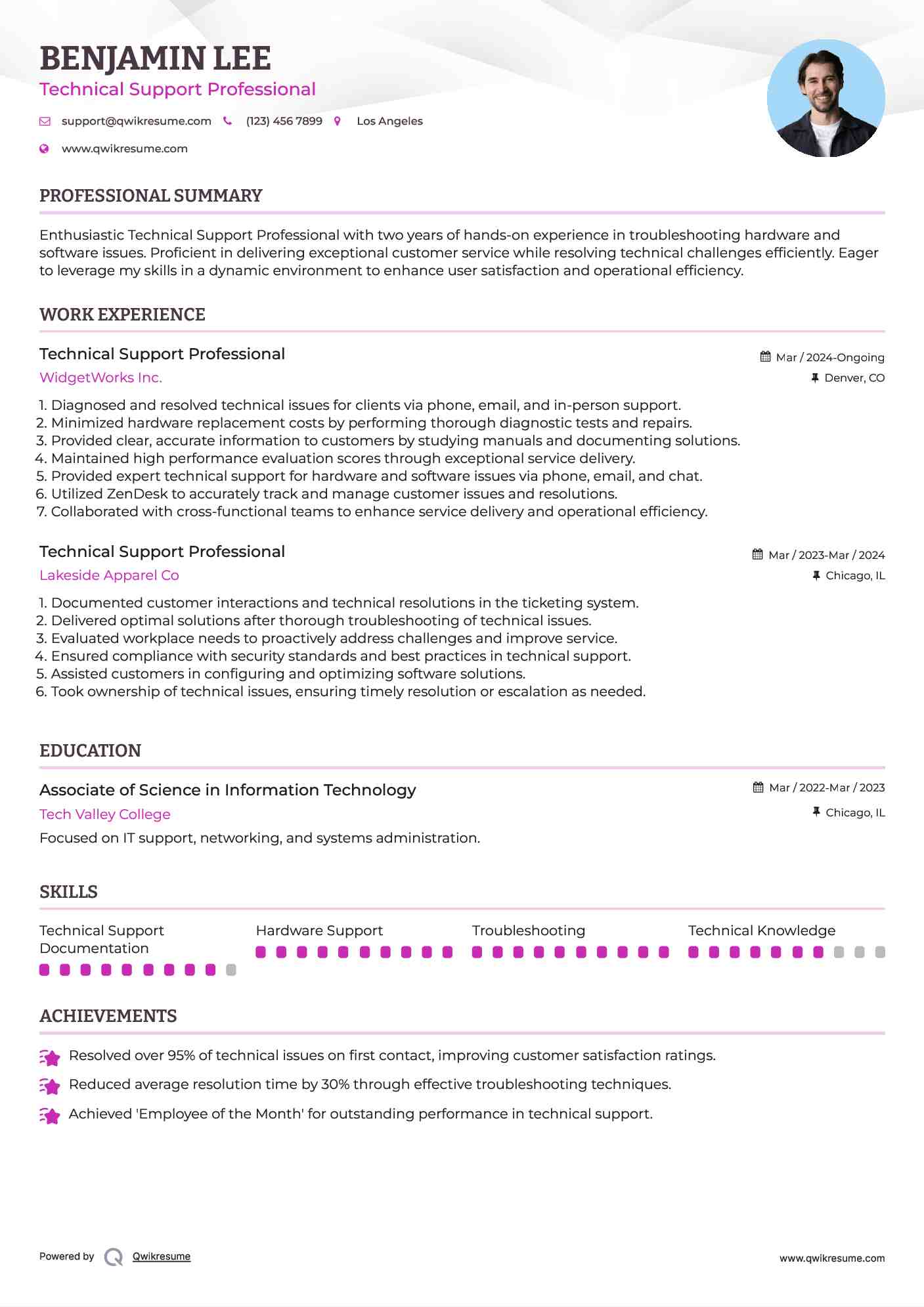 Technical Support Professional Resume Model