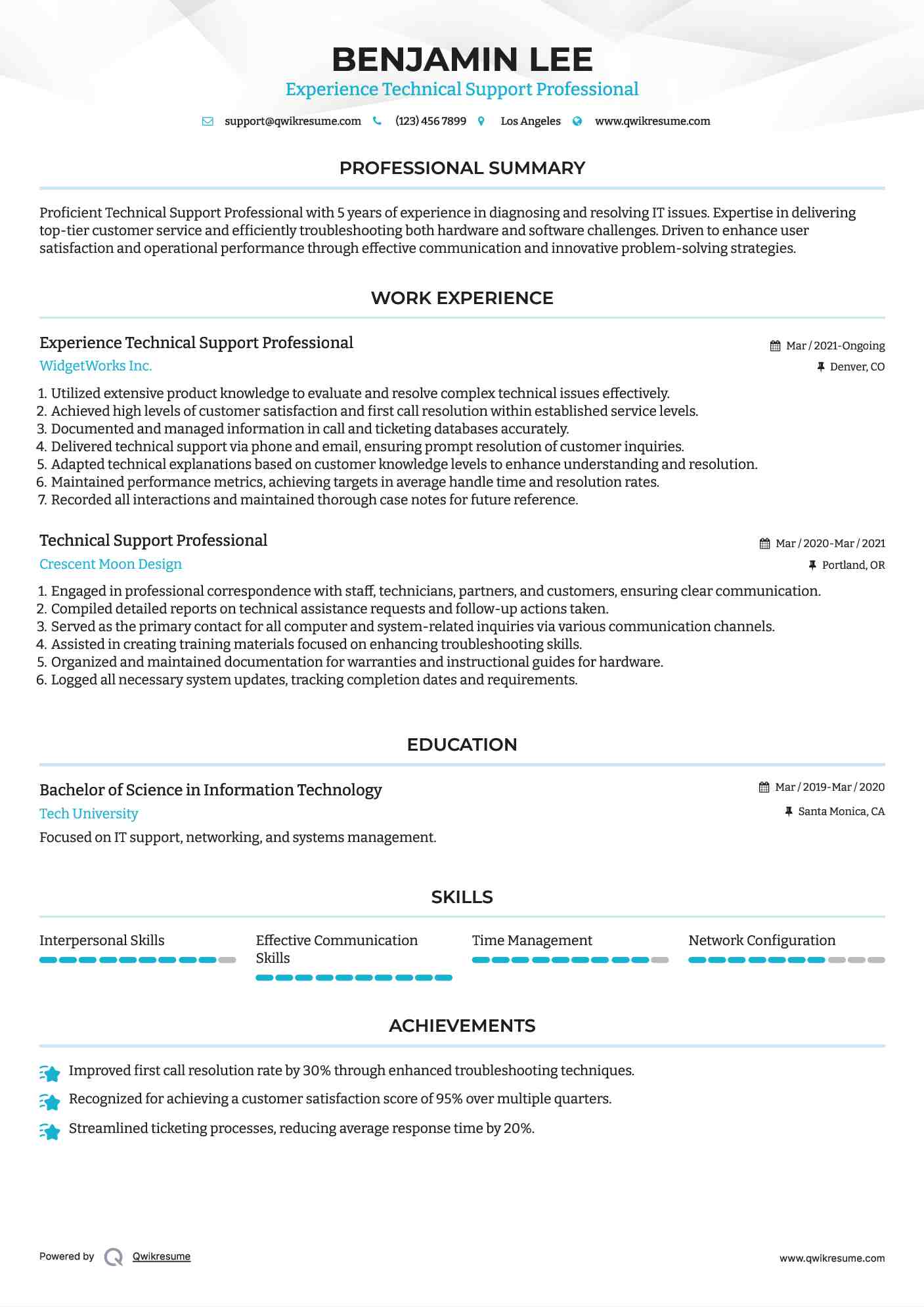 Experience Technical Support Professional
 Resume Model
