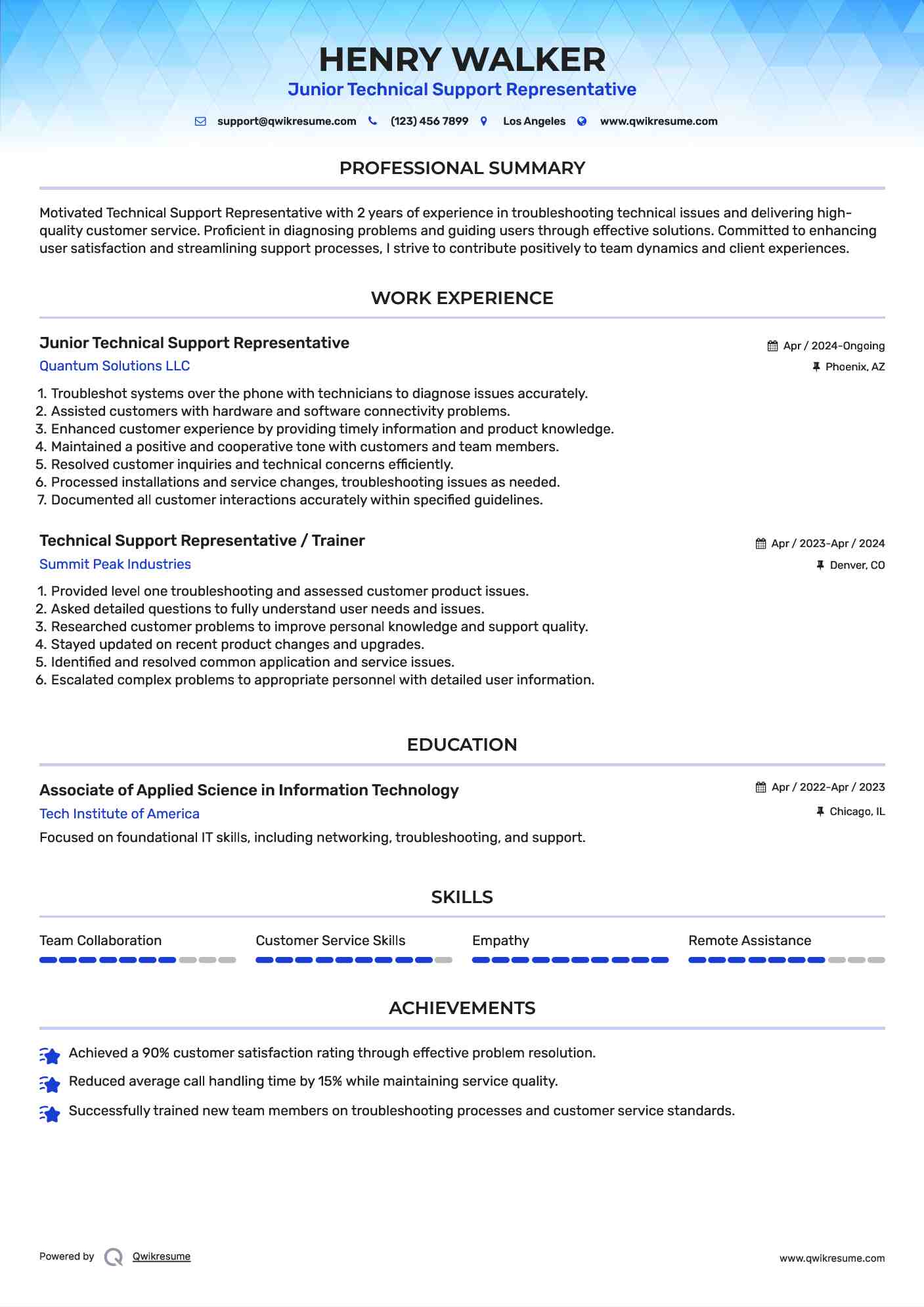 Junior Technical Support Representative Resume Example