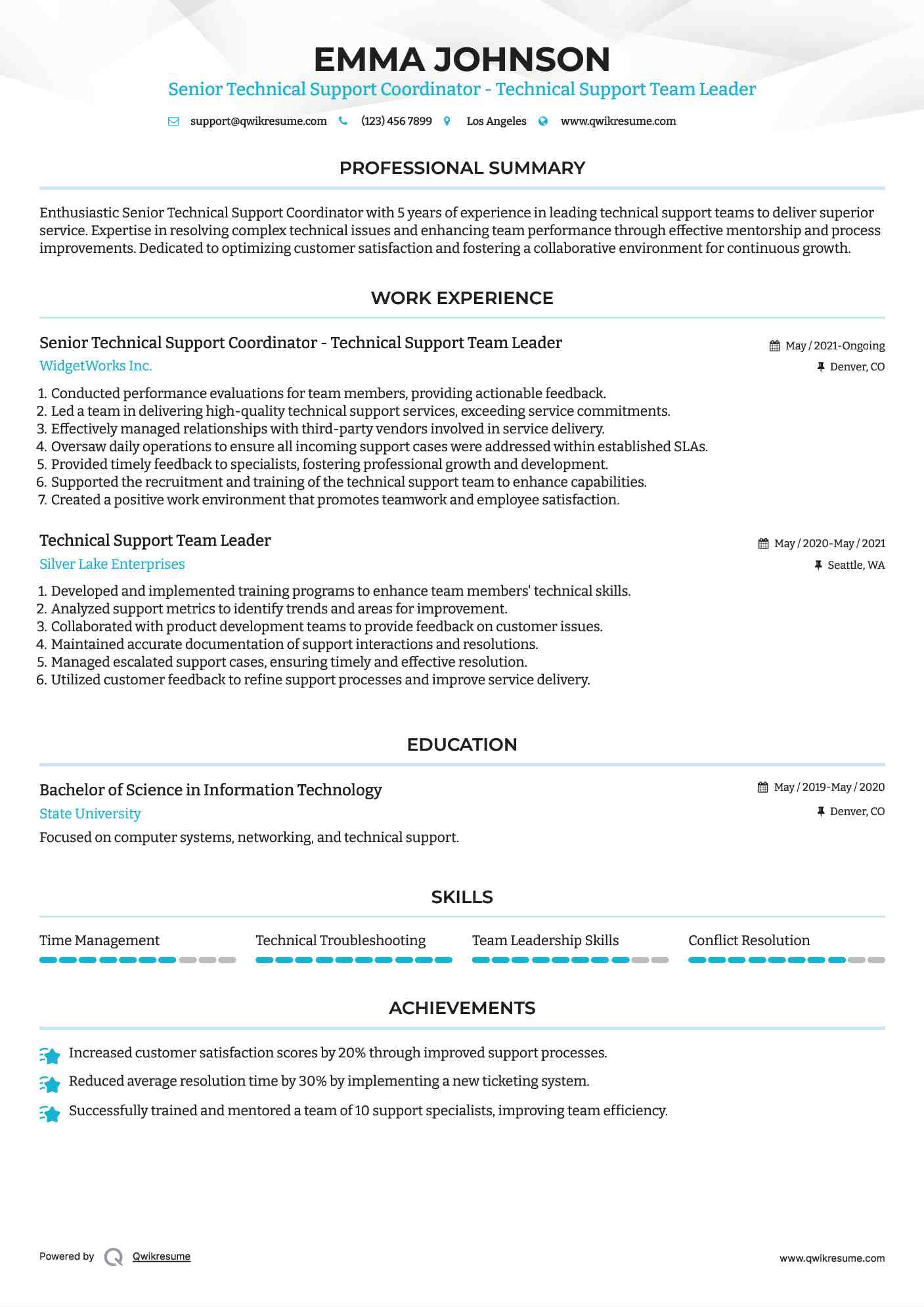 Senior Technical Support Coordinator - Technical Support Team Leader Resume Example