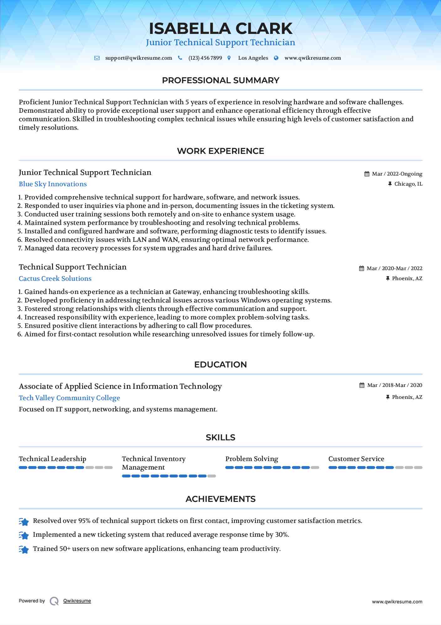 Junior Technical Support Technician Resume Example