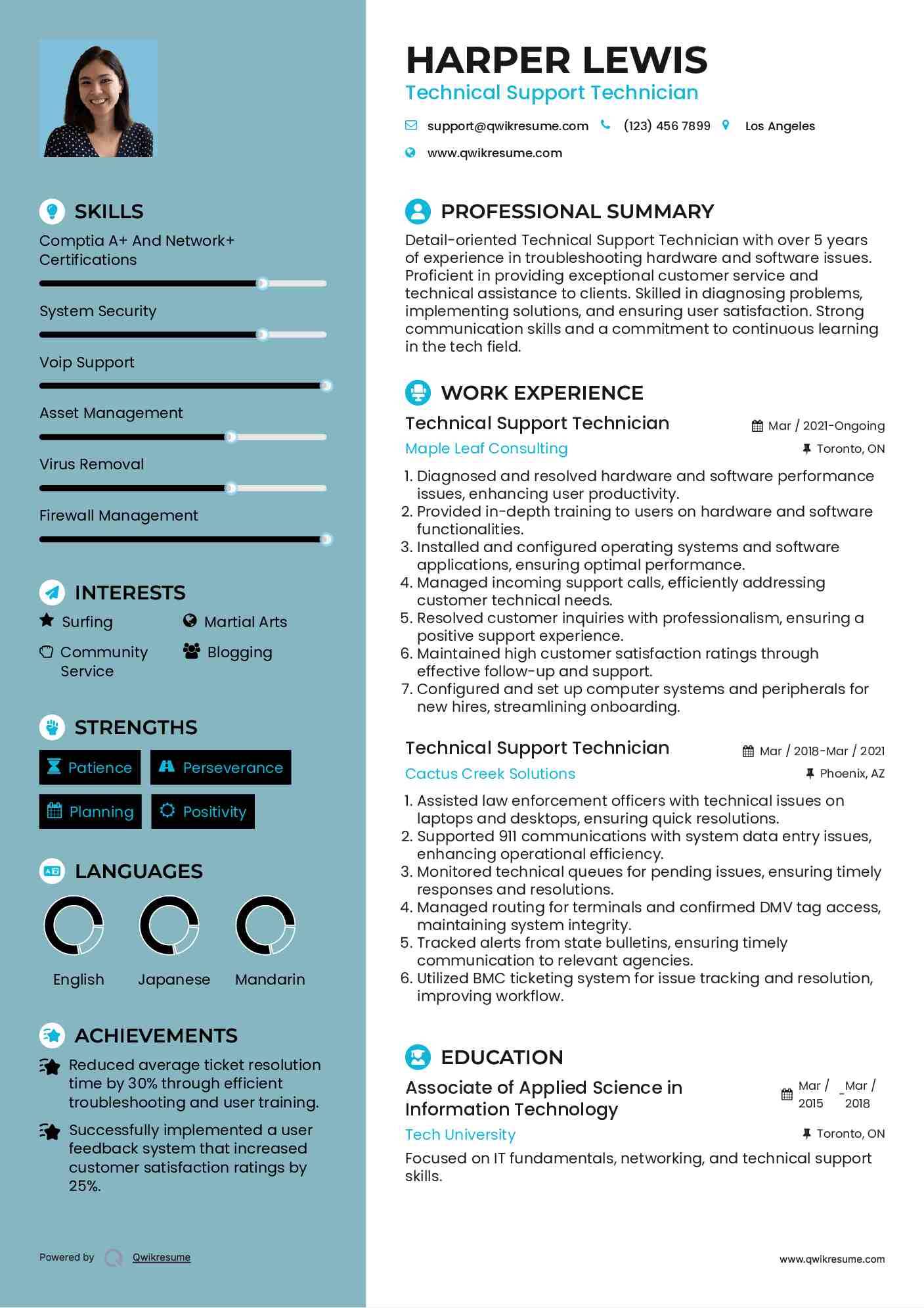 Technical Support Technician Resume Model