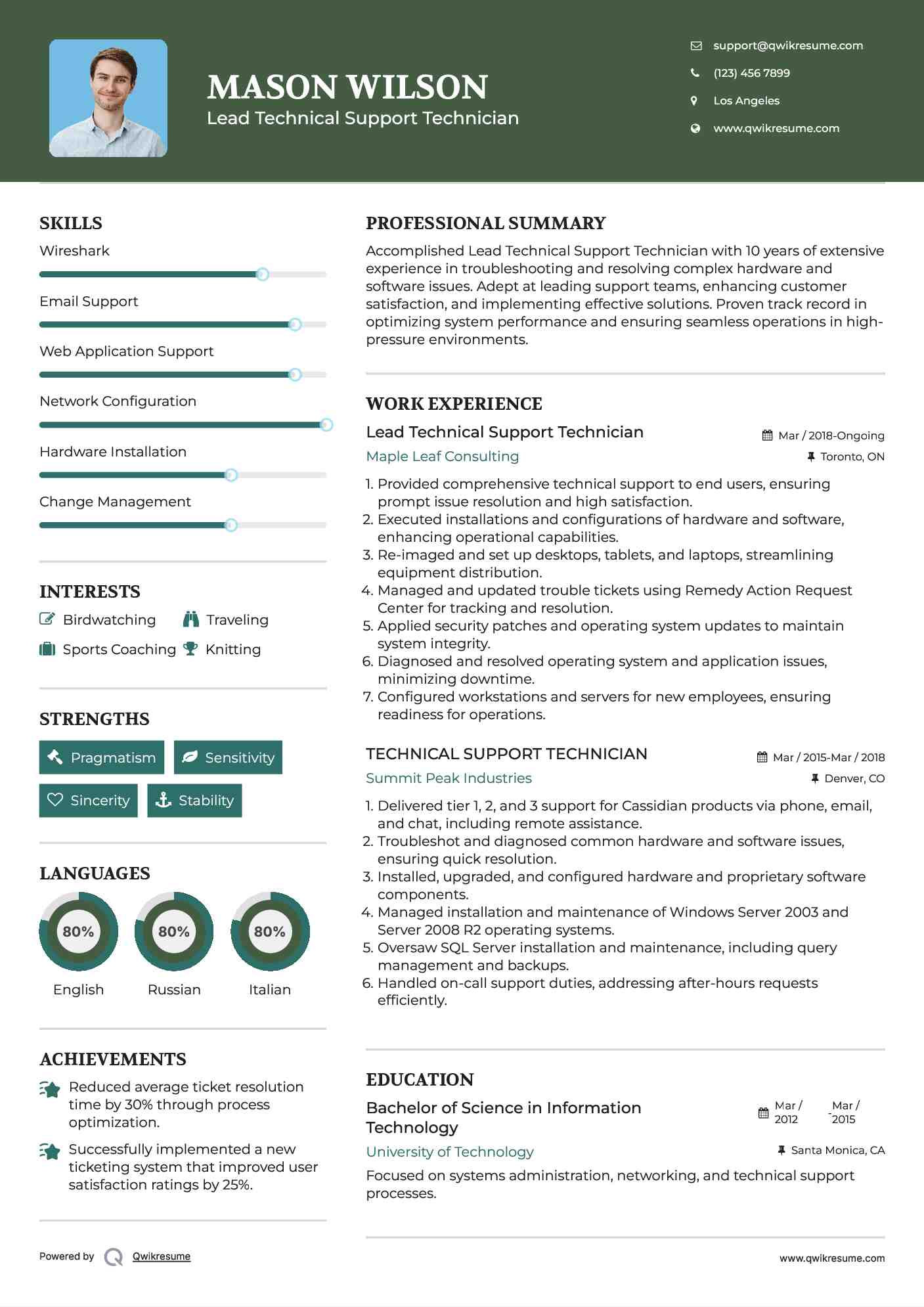 Lead Technical Support Technician Resume Example
