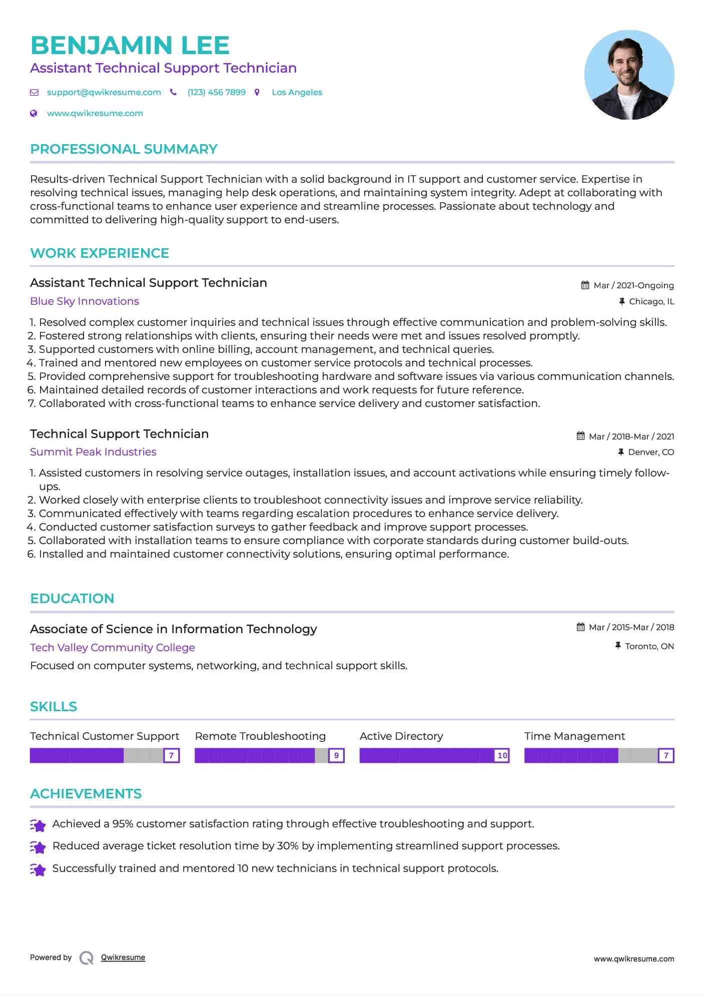Assistant Technical Support Technician Resume Example