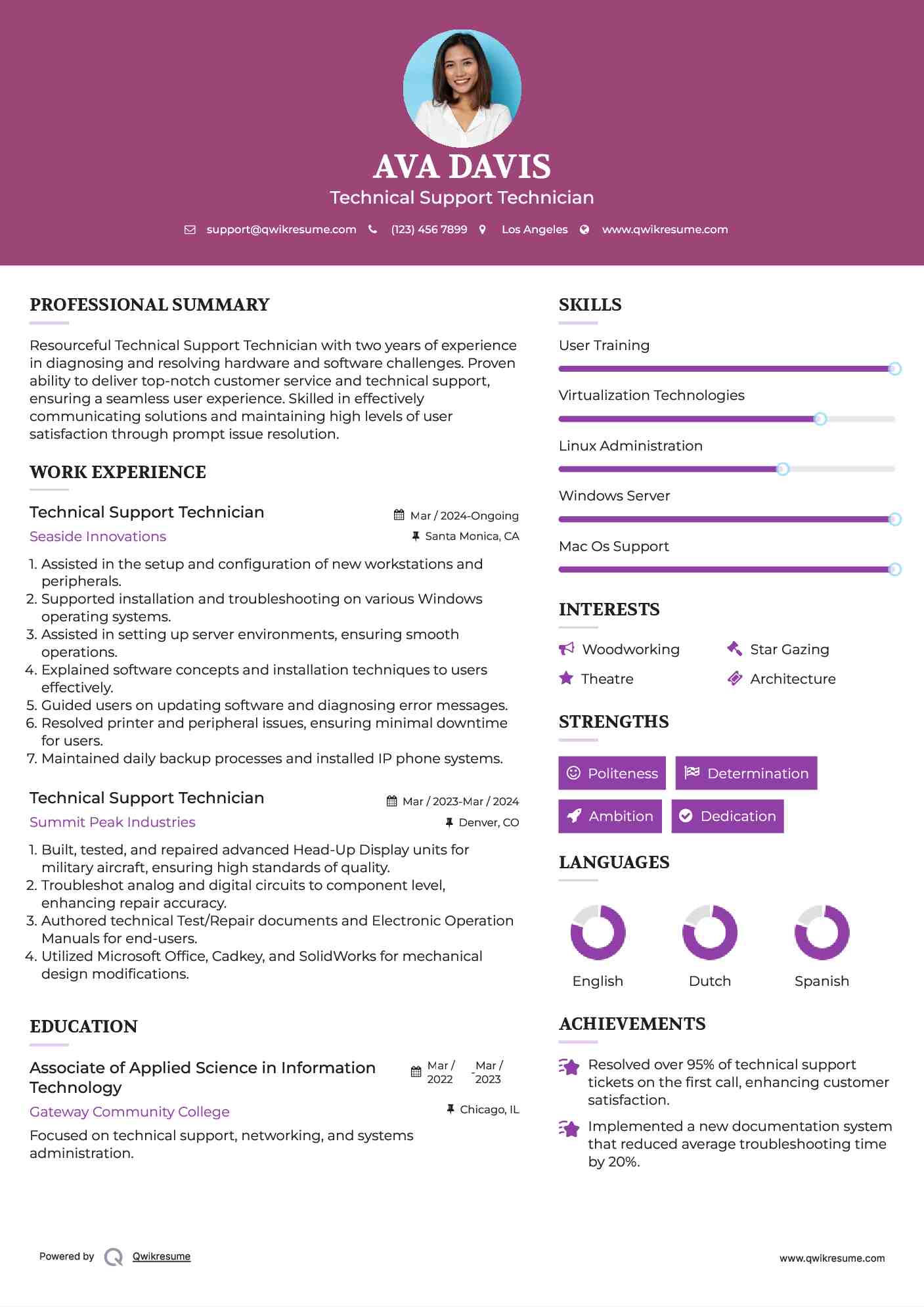 Technical Support Technician Resume Model