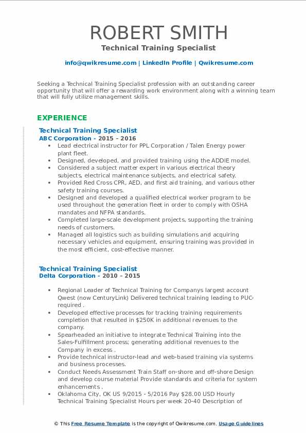 Technical Training Specialist Resume Samples QwikResume
