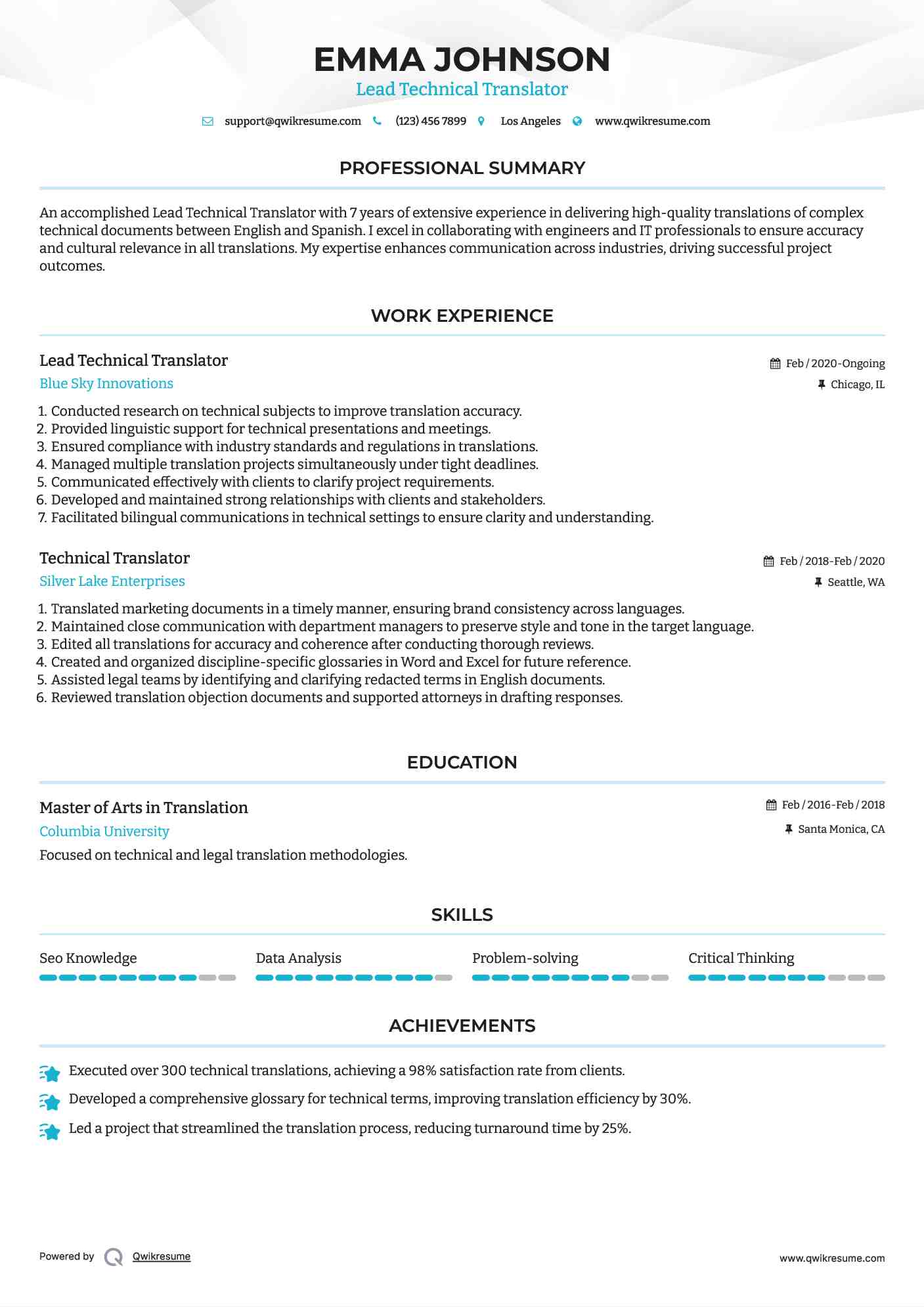 Lead Technical Translator Resume Sample