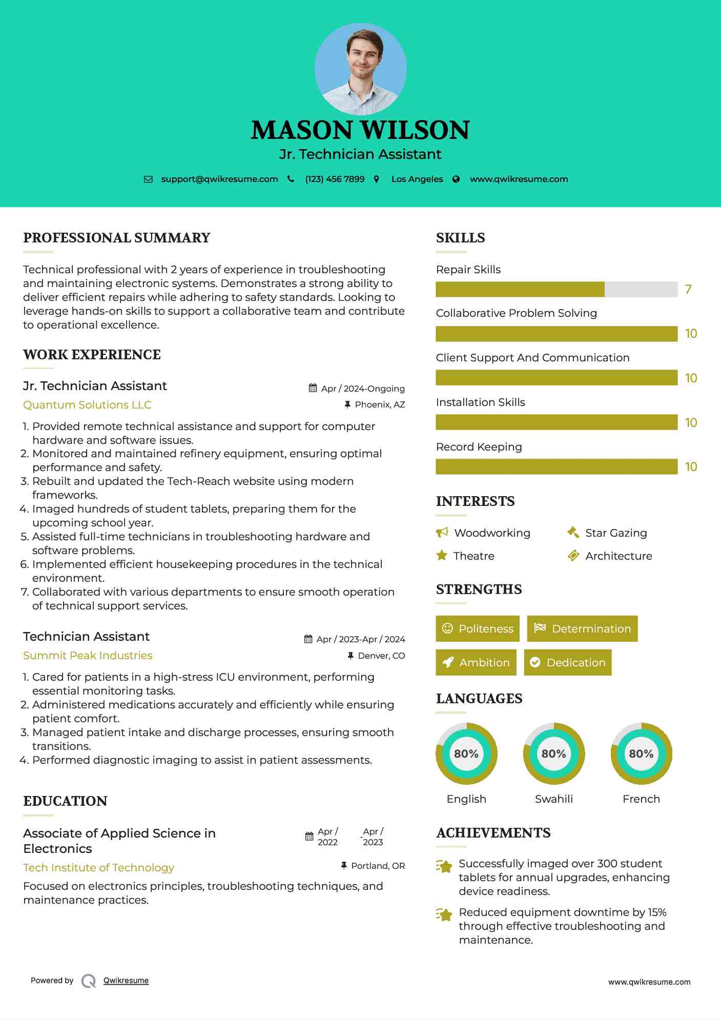 Jr. Technician Assistant Resume Sample