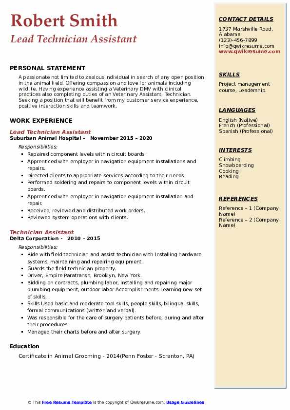 Technician Assistant Resume Samples QwikResume