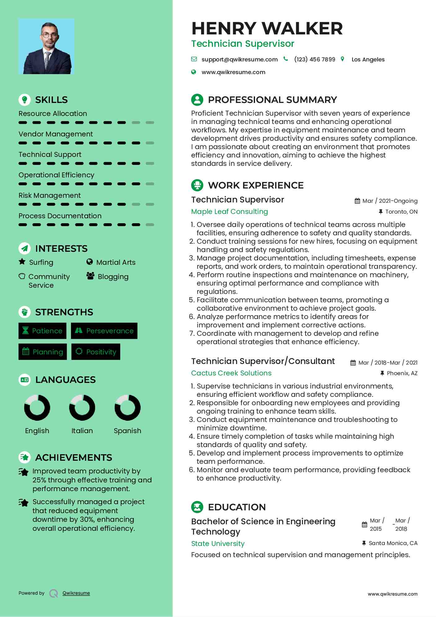 Technician Supervisor Resume Example