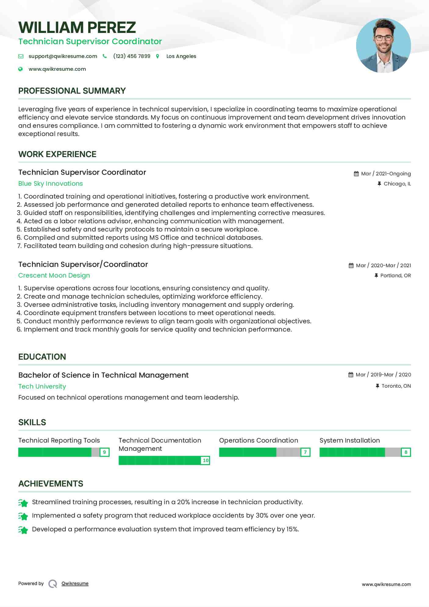 Technician Supervisor Coordinator Resume Format