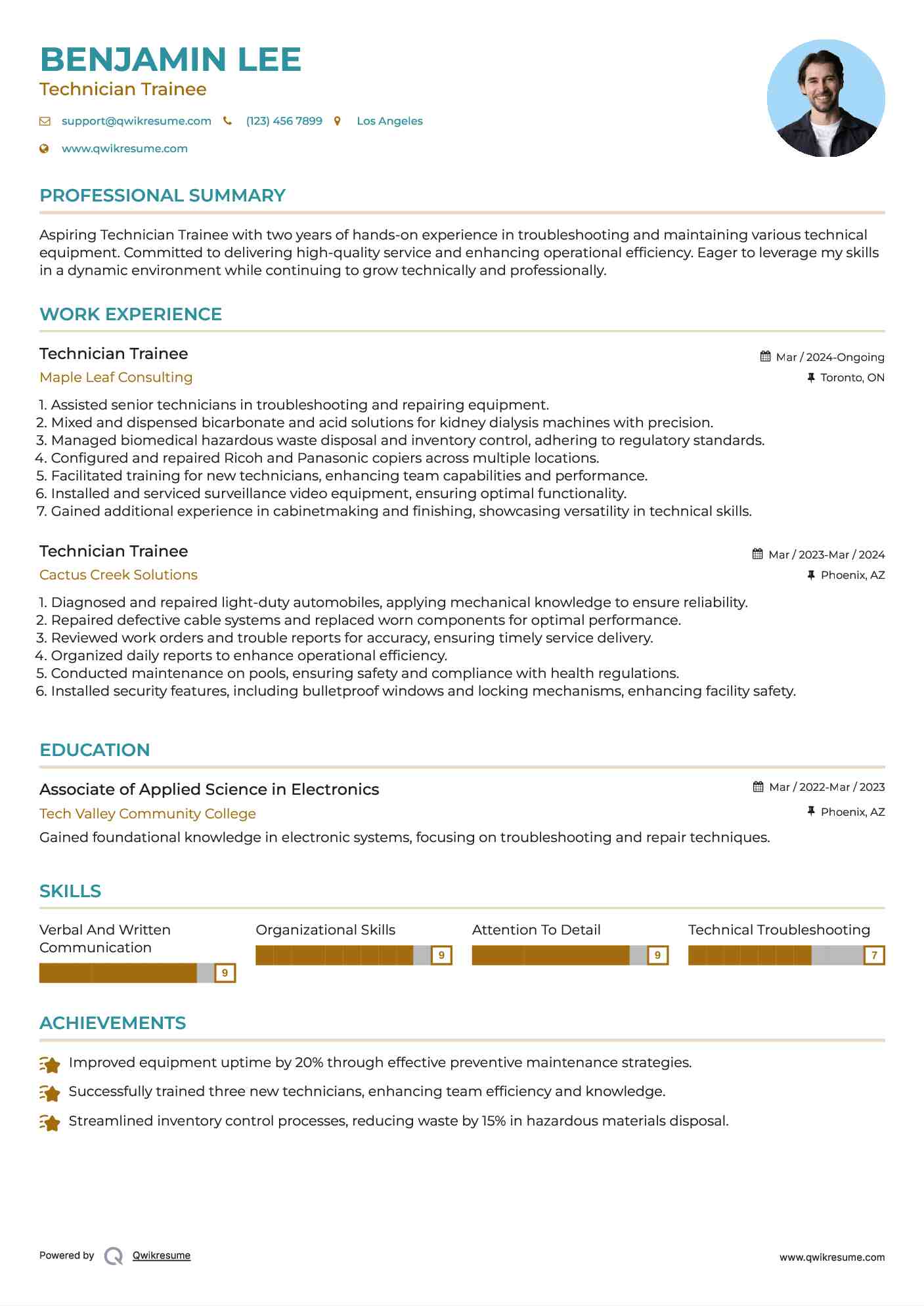 Technician Trainee Resume Samples | QwikResume