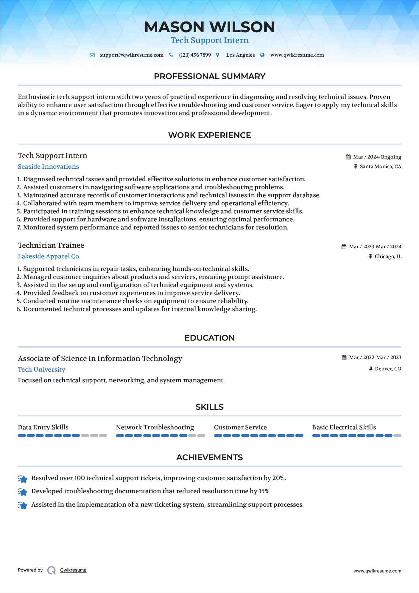 Tech Support Intern Resume Format