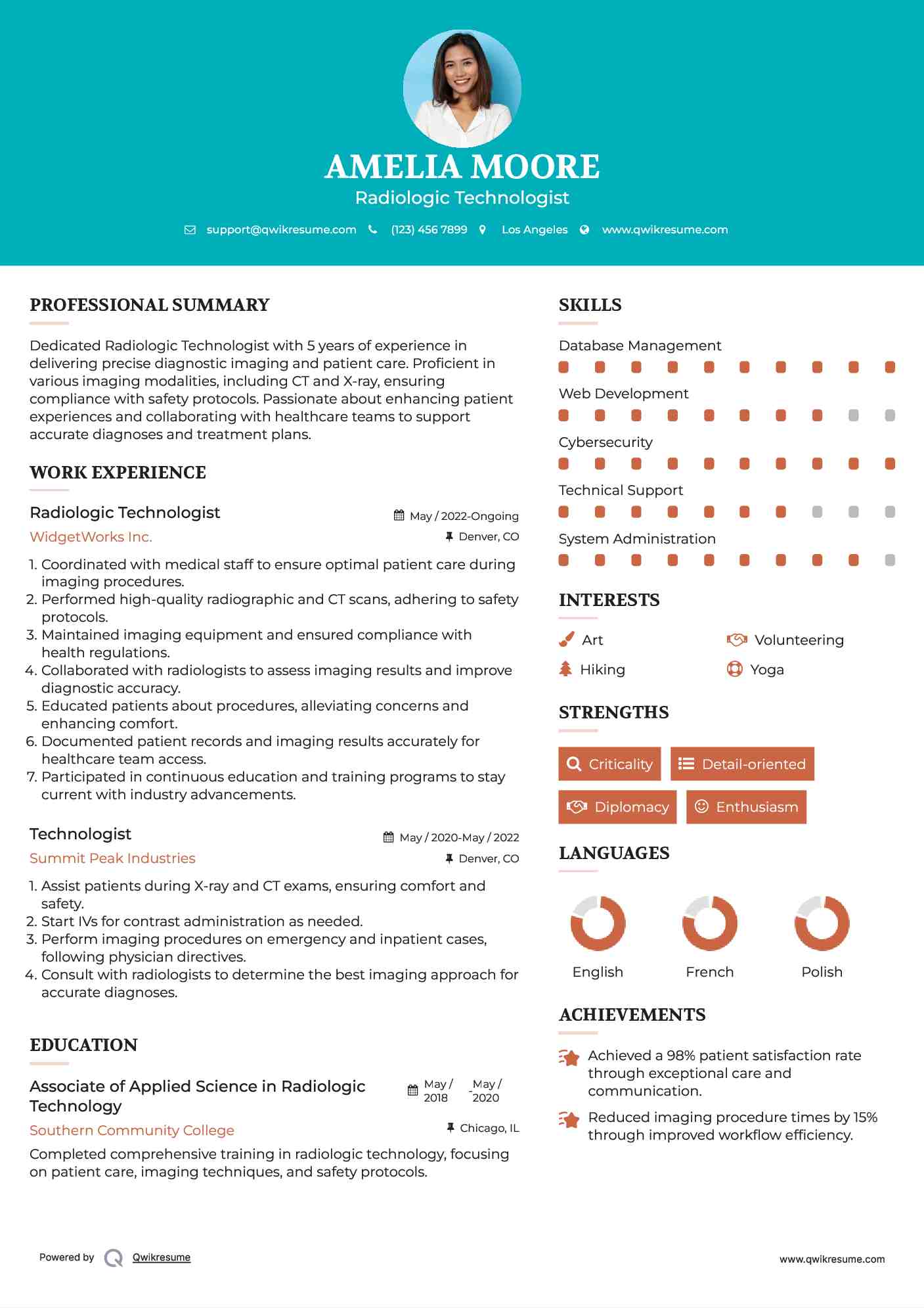 Radiologic Technologist Resume Sample