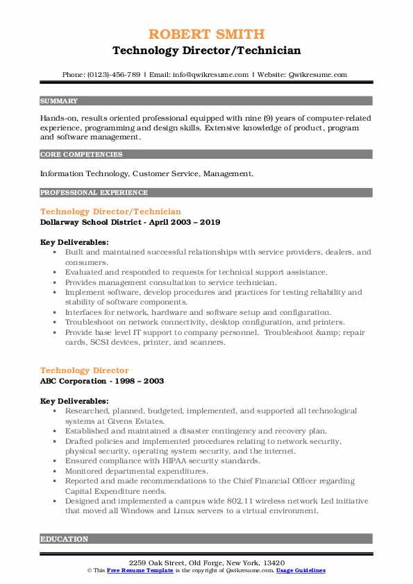 Technology Director Resume Samples QwikResume