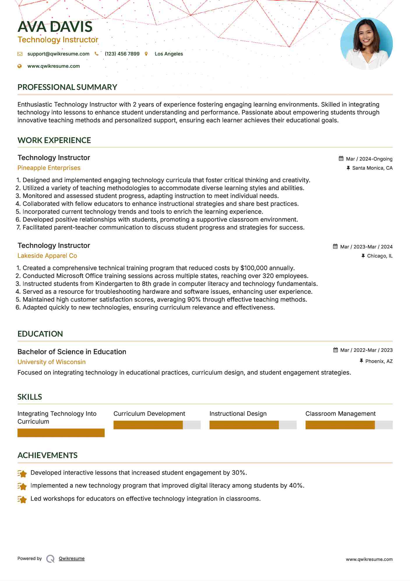 Technology Instructor Resume Sample