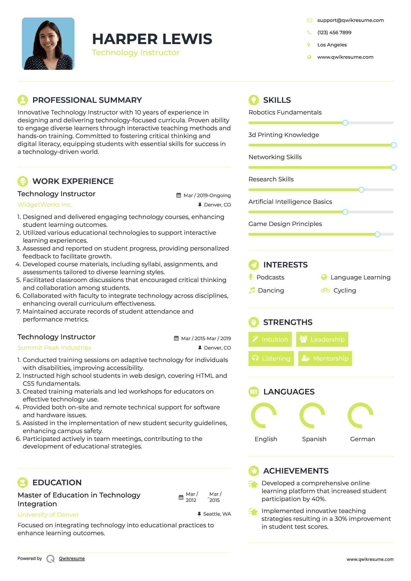 Technology Instructor Resume Format