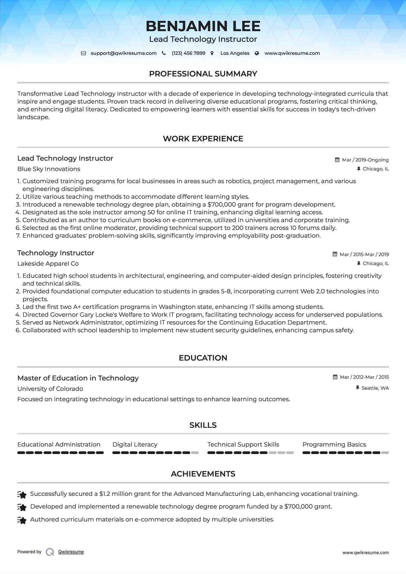 Lead Technology Instructor Resume Format