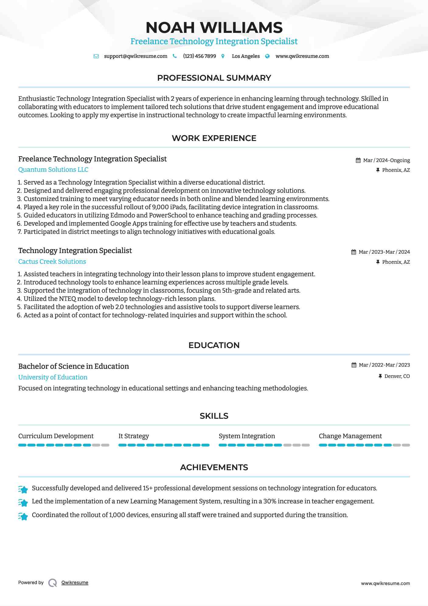 Freelance Technology Integration Specialist Resume Format