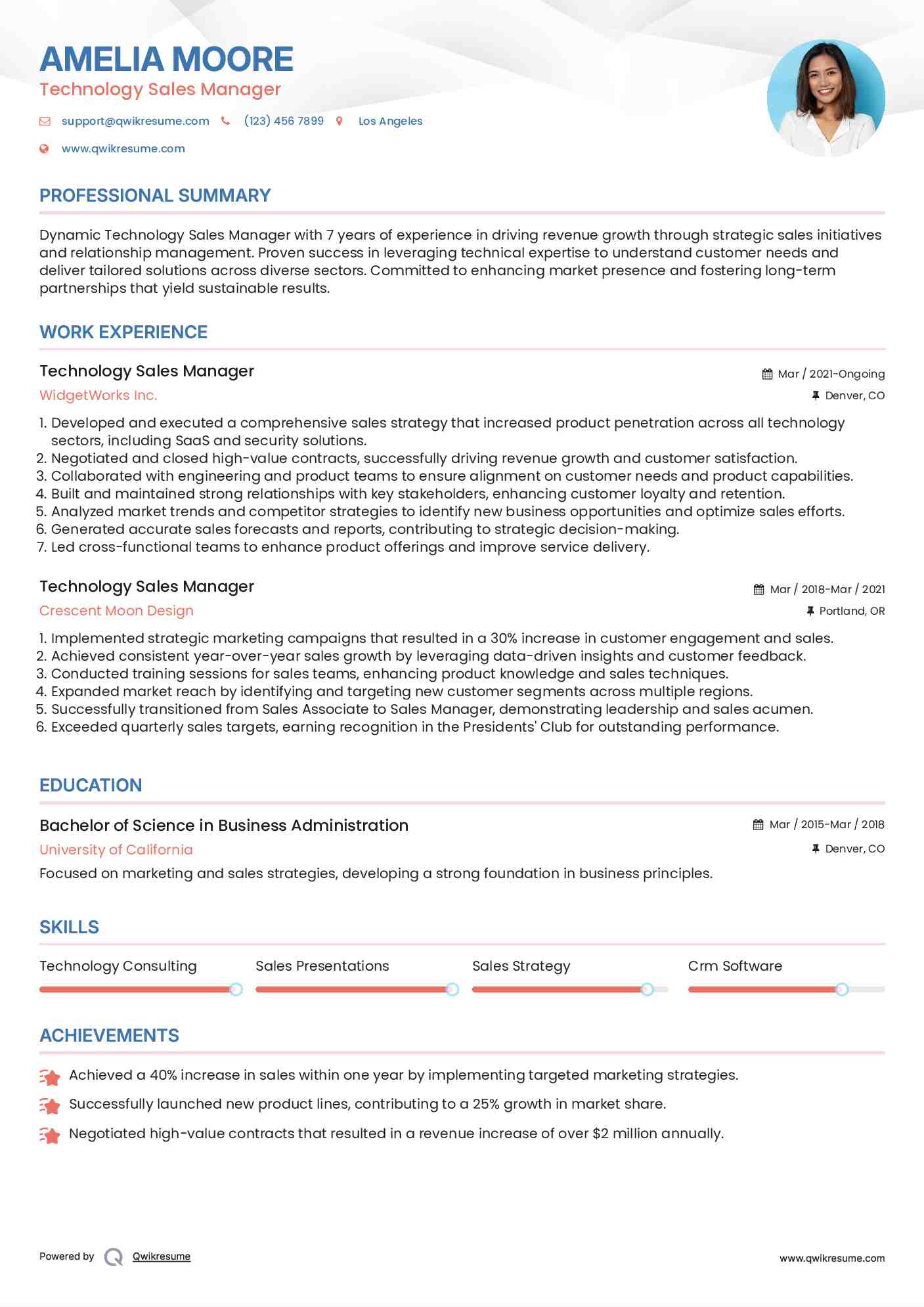 Technology Sales Manager Resume Example