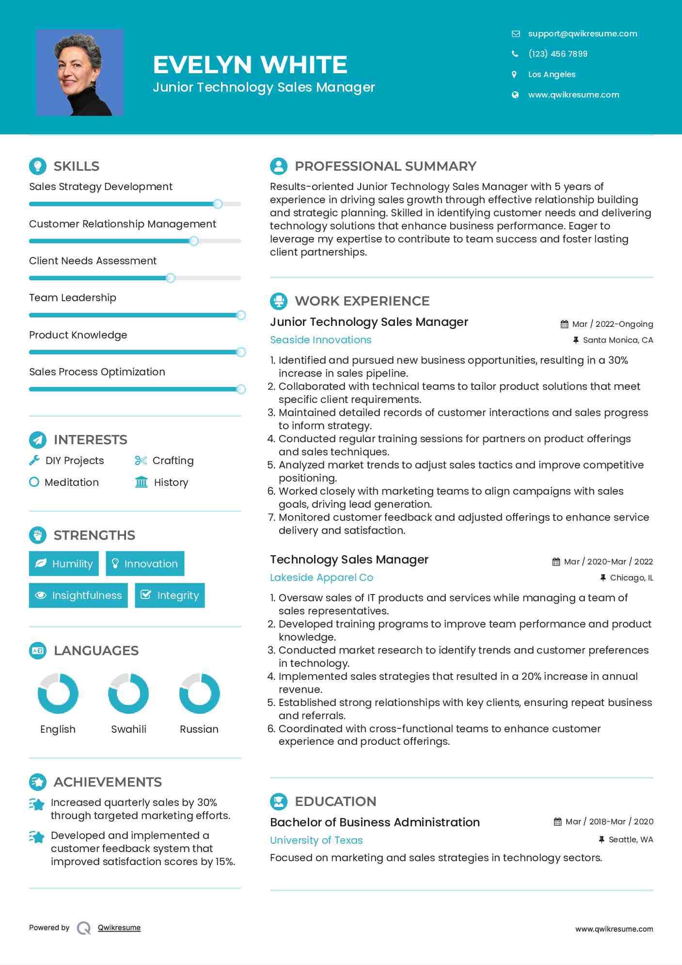 Junior Technology Sales Manager Resume Example