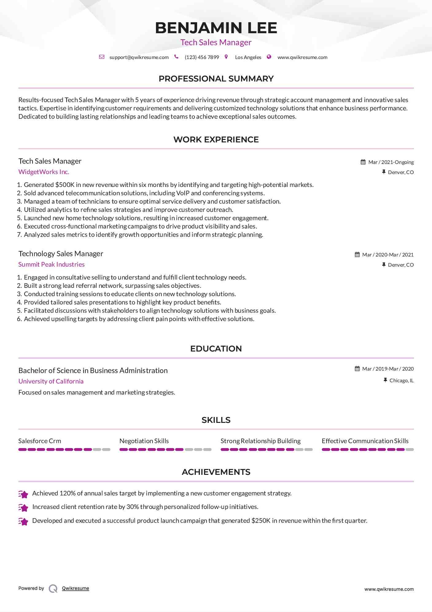 Tech Sales Manager Resume Template