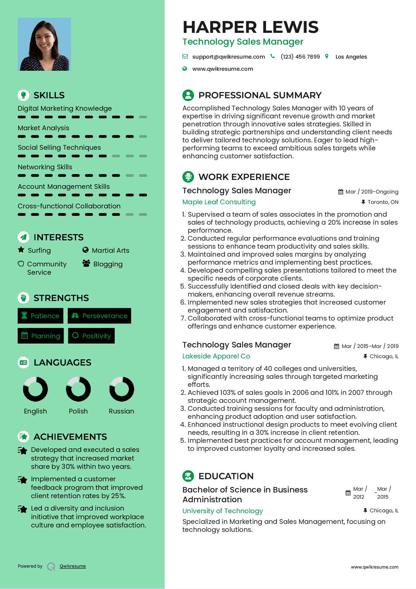 Technology Sales Manager Resume Template