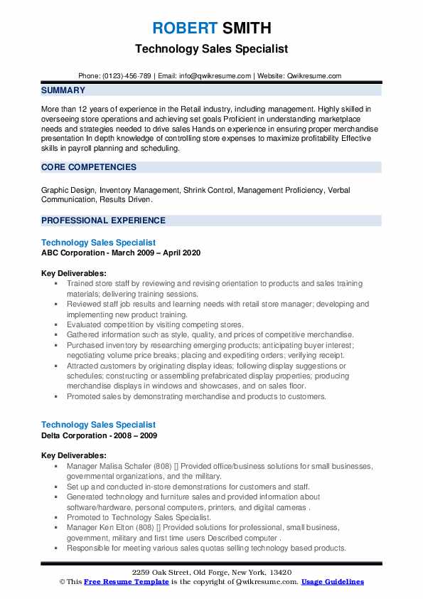 Technology Sales Specialist Resume Samples QwikResume