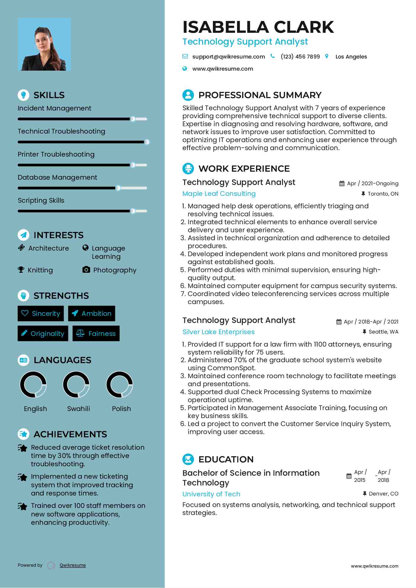 Technology Support Analyst Resume Sample