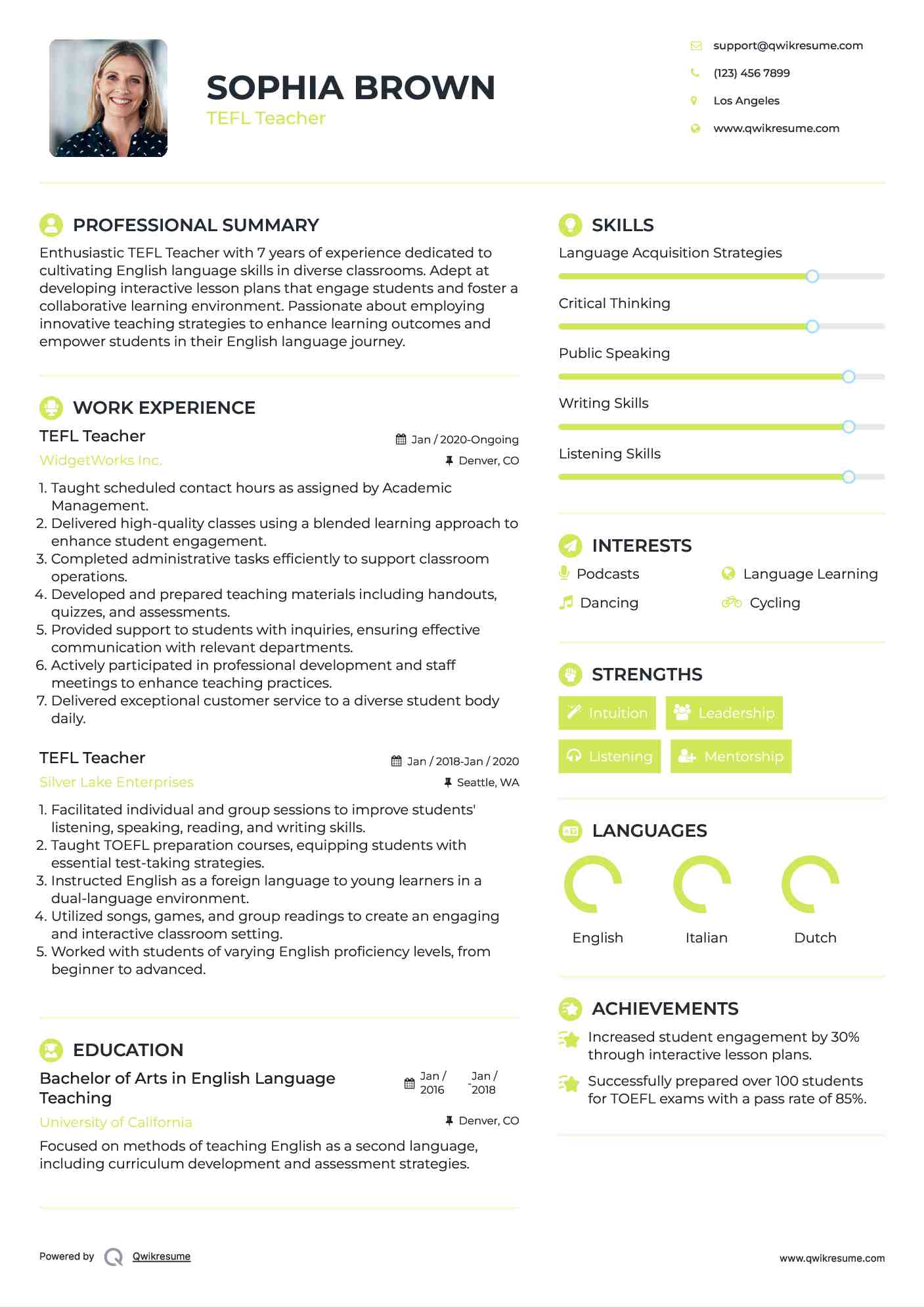 TEFL Teacher Resume Template