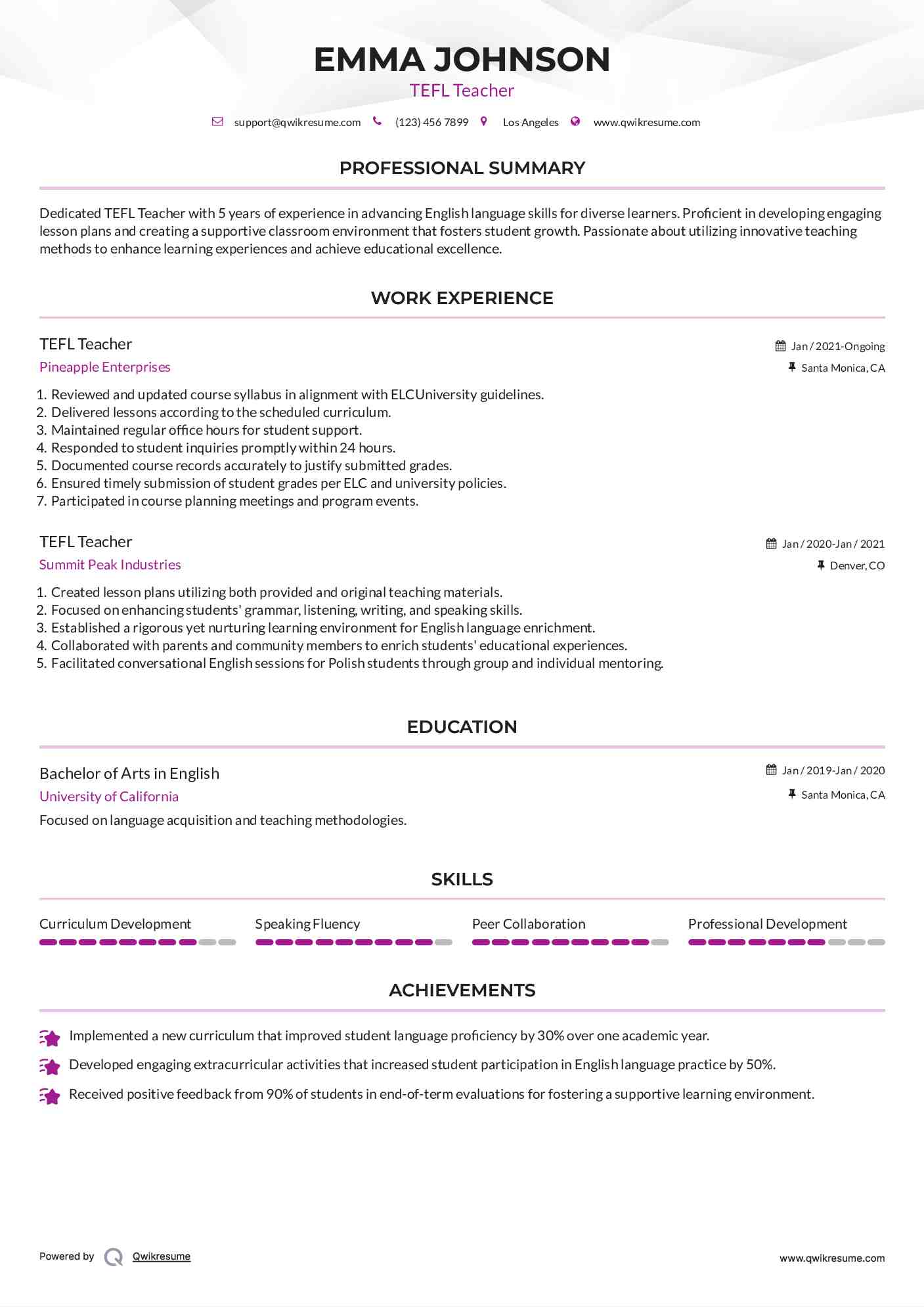 TEFL Teacher Resume Example