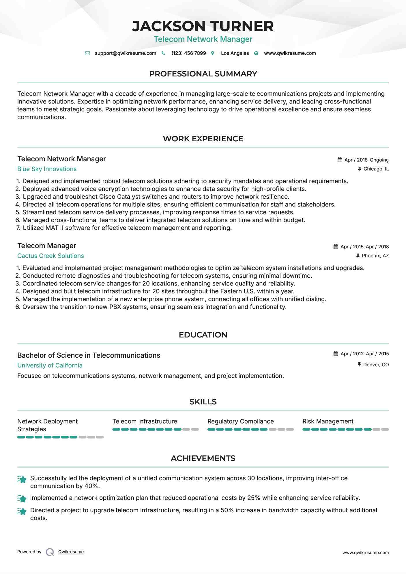 Telecom Network Manager Resume Format