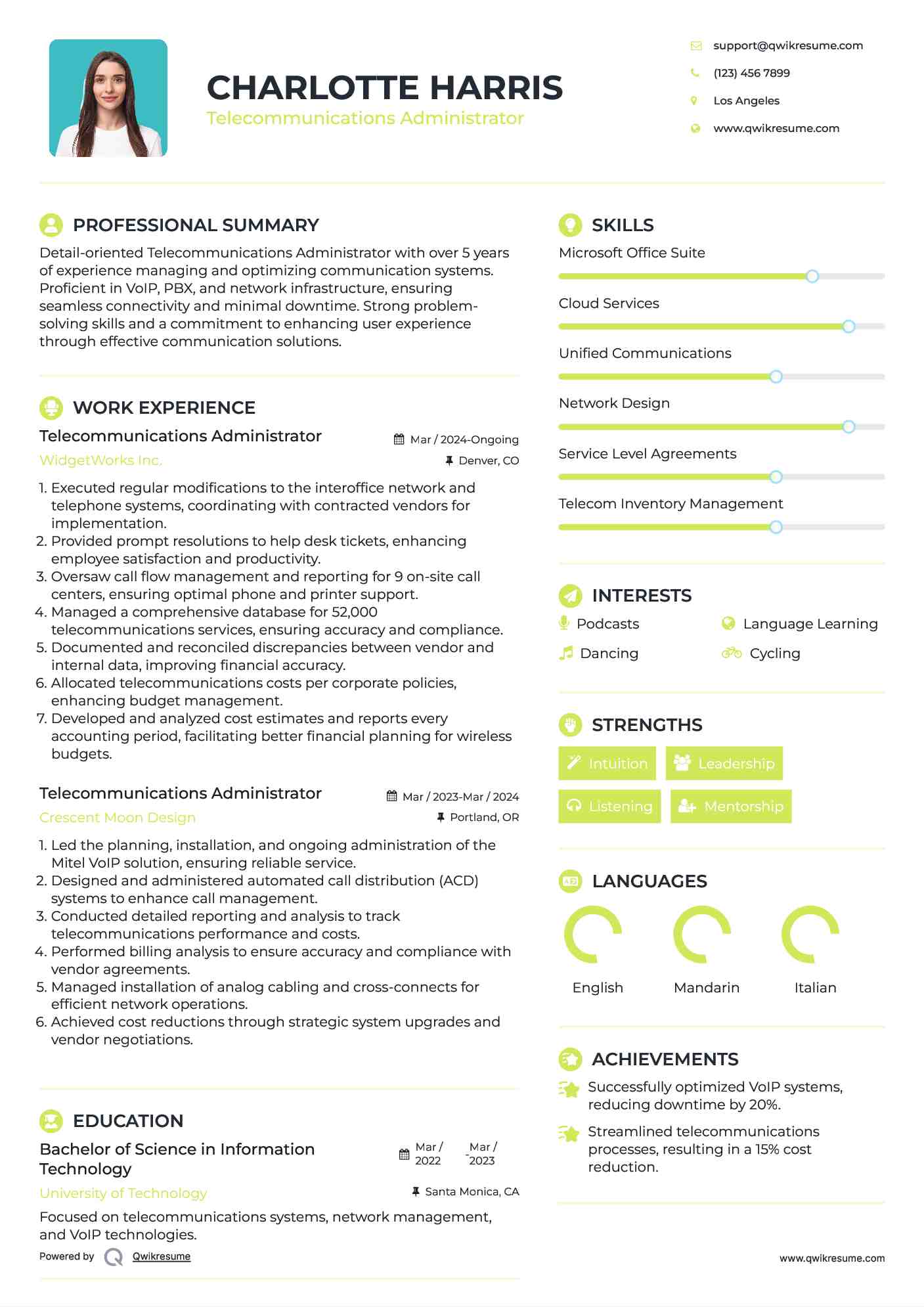 Telecommunications Administrator Resume Format