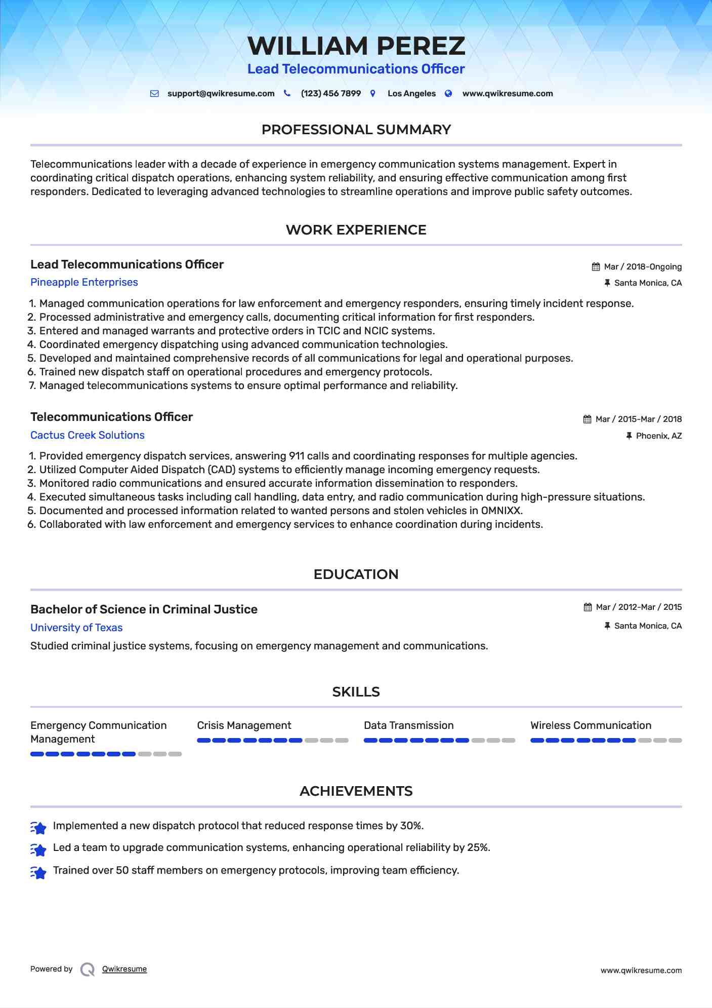 Lead Telecommunications Officer  Resume Example