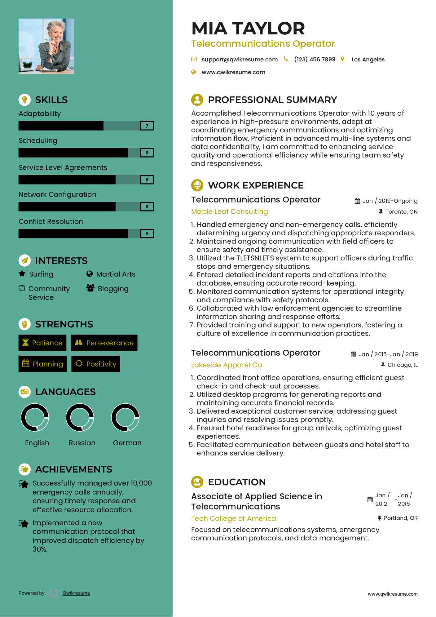 Telecommunications Operator Resume Model